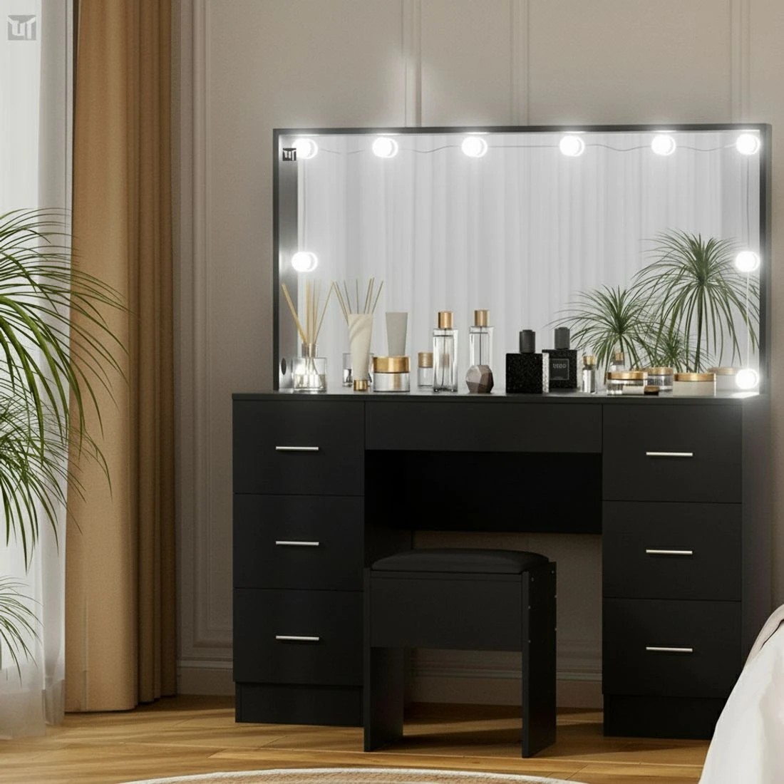 6 Artiss Dressing Table Vanity Desk Set Stool 10 Led Bulbs - Black, 6 of 6