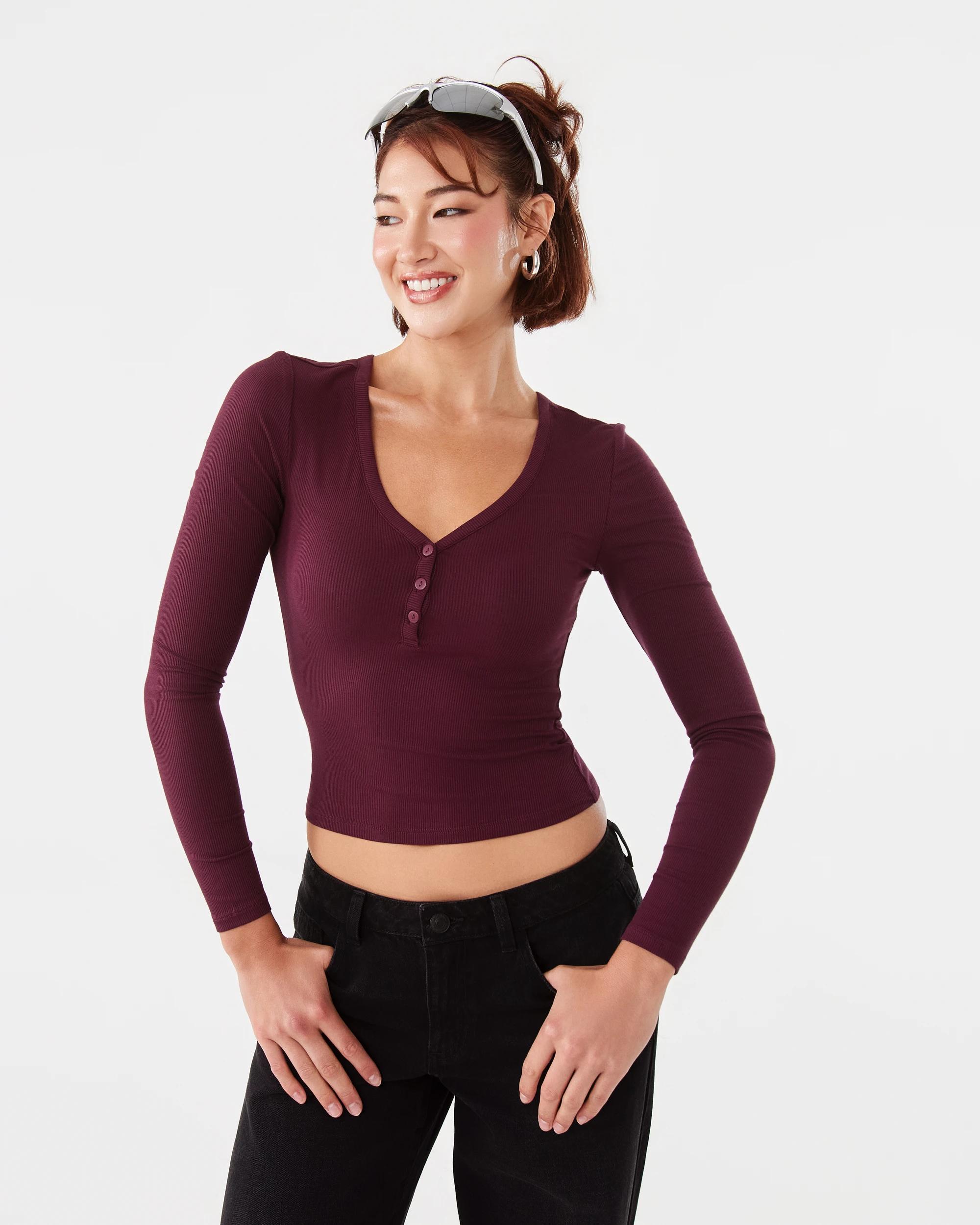 1 Long Sleeve Henley Top Red Royale, 1 of 7