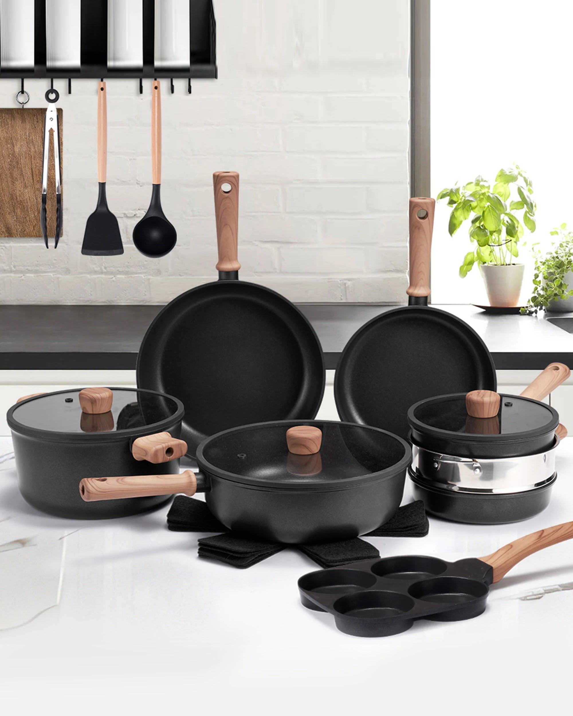 2 ZUNI 19PCS Nonstick Cookware Pots & Pans Set Granite Coating Cooking Utensil Black, 2 of 10