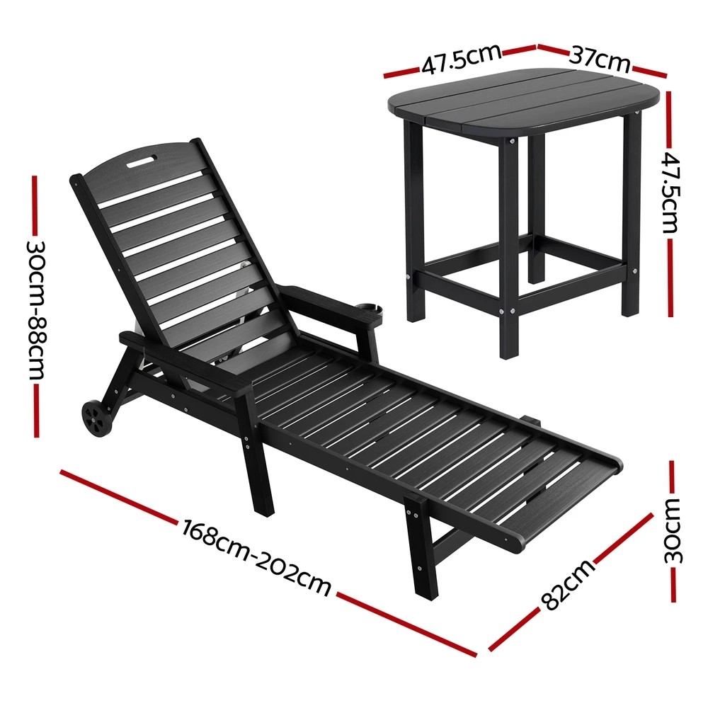 2 Gardeon Sun Lounge Lounger Beach Chair HDPE Patio Outdoor Furniture with Wheels - Black, 2 of 6