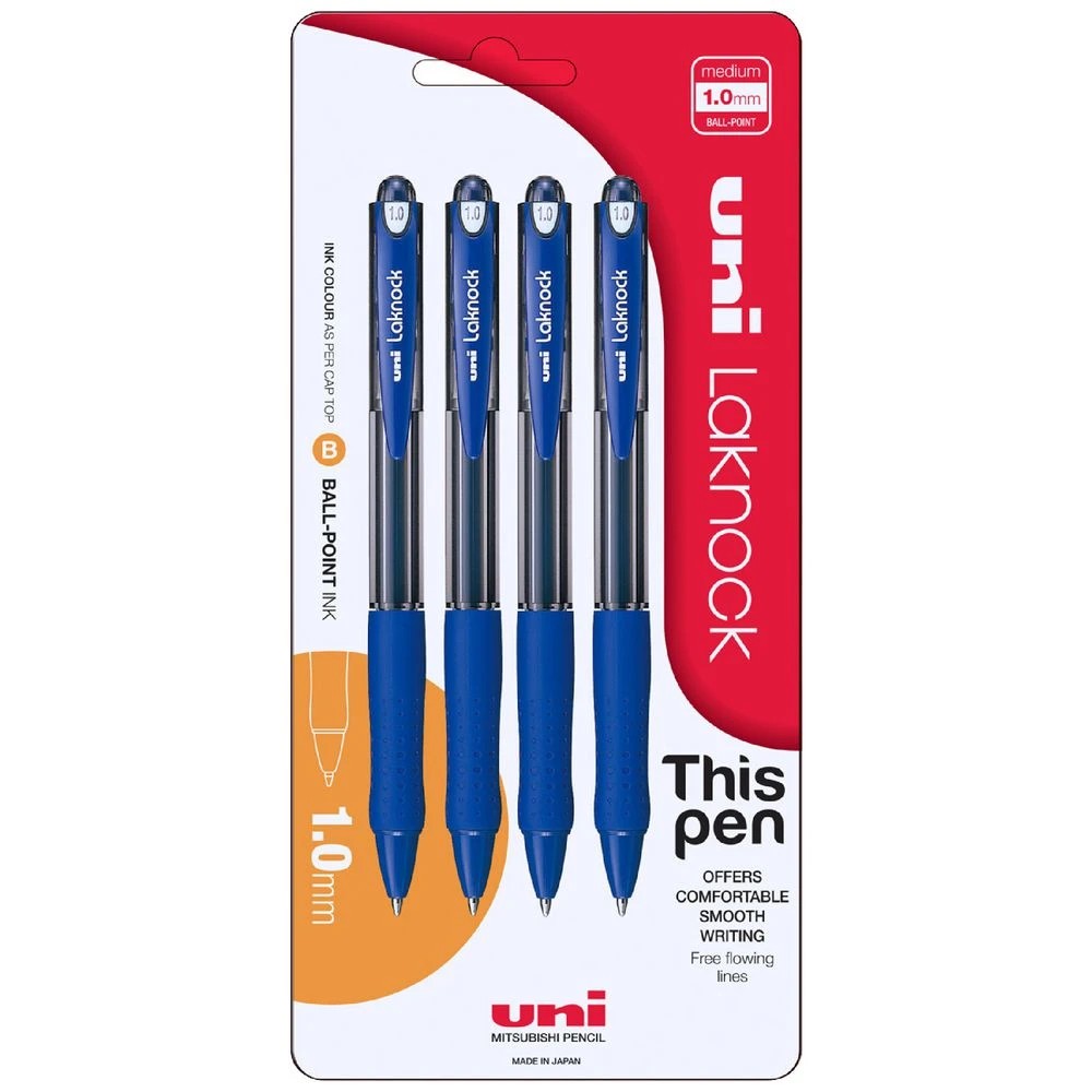 1 Uni Laknock Retractable Ballpoint Pen 1.0 Blue 4 Pack, 1 of 2