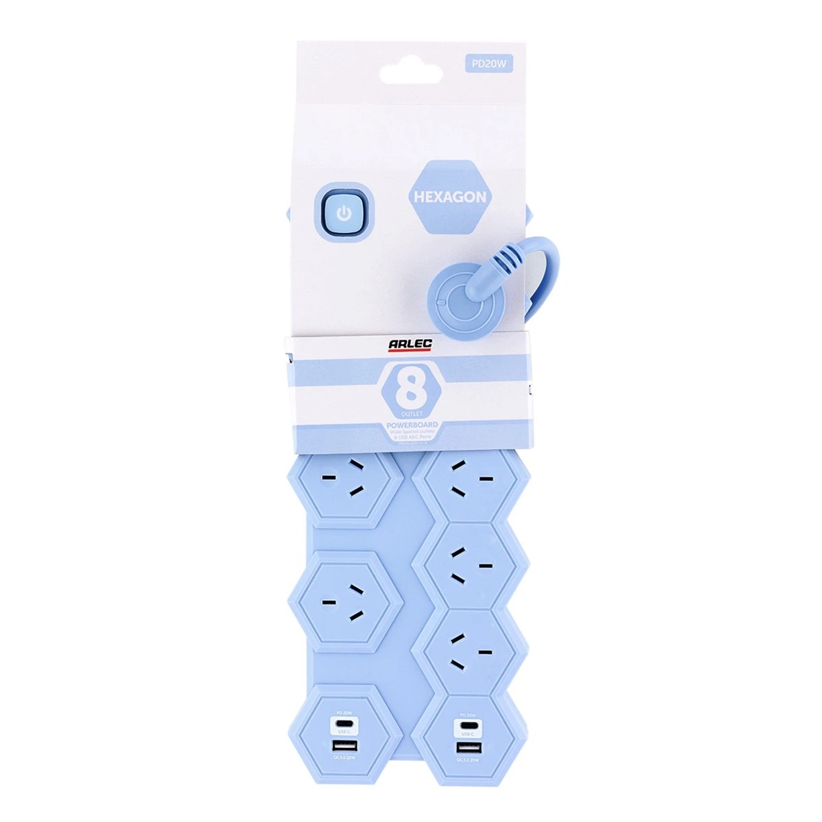 5 Arlec 8 Outlet Hexagon Wide Spaced Outlets & USB A & C Ports Powerboard - Blue, 5 of 7