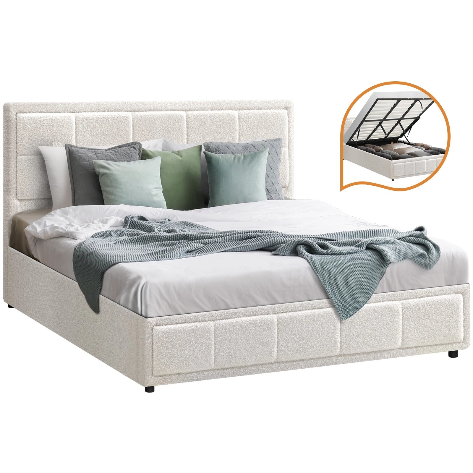 1 Oikiture Bed Frame King Size Gas Lift Storage Bed Platform Boucle White - White, 1 of 9