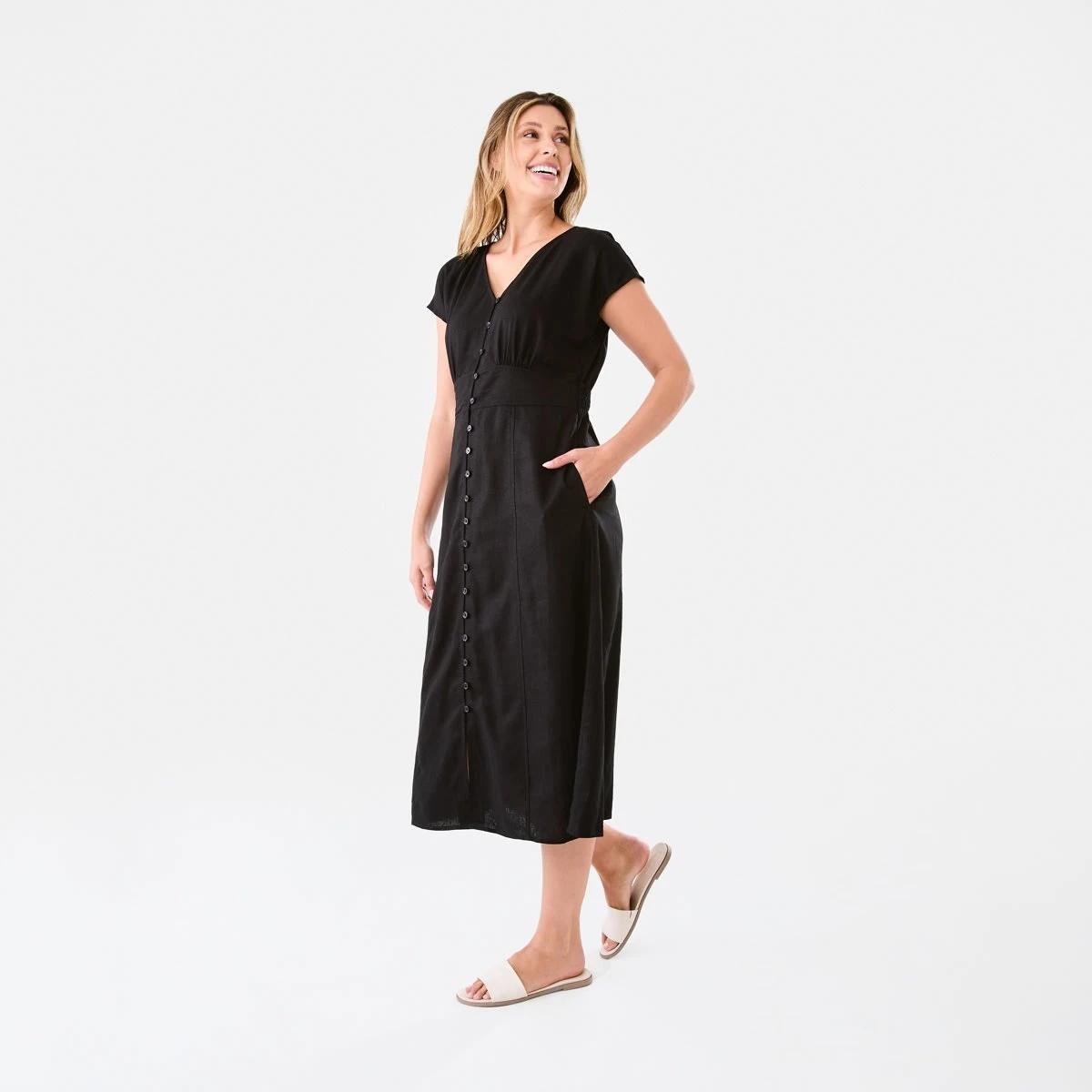 2 Short Sleeve Button Down Tea Midi Dress Black, 2 of 8