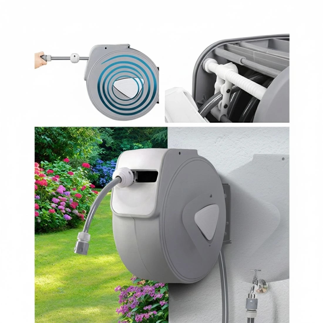 5 Green Fingers Water Hose Reel 30M Retractable Garden Auto Rewind Spray Gun - Grey, 5 of 7