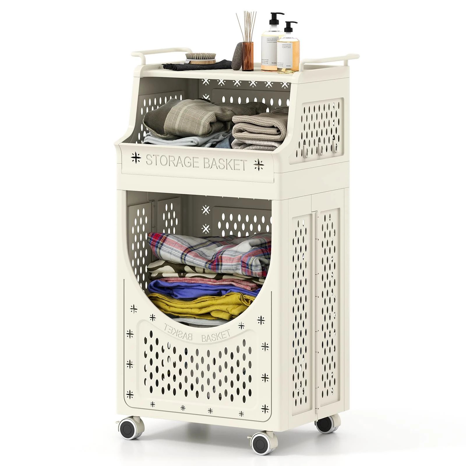 6 Costway 3-Tier 61L Laundry Cart Folding Hamper w/6 Hanging Hooks Utility Cart, 6 of 6