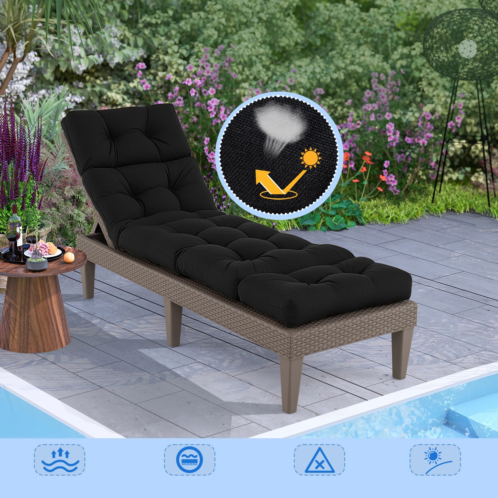 4 Costway 186x56cm Patio Lounge Chair Cushion Waterproof High Back Floor Lazy Recliner Cushion - Black, 4 of 7