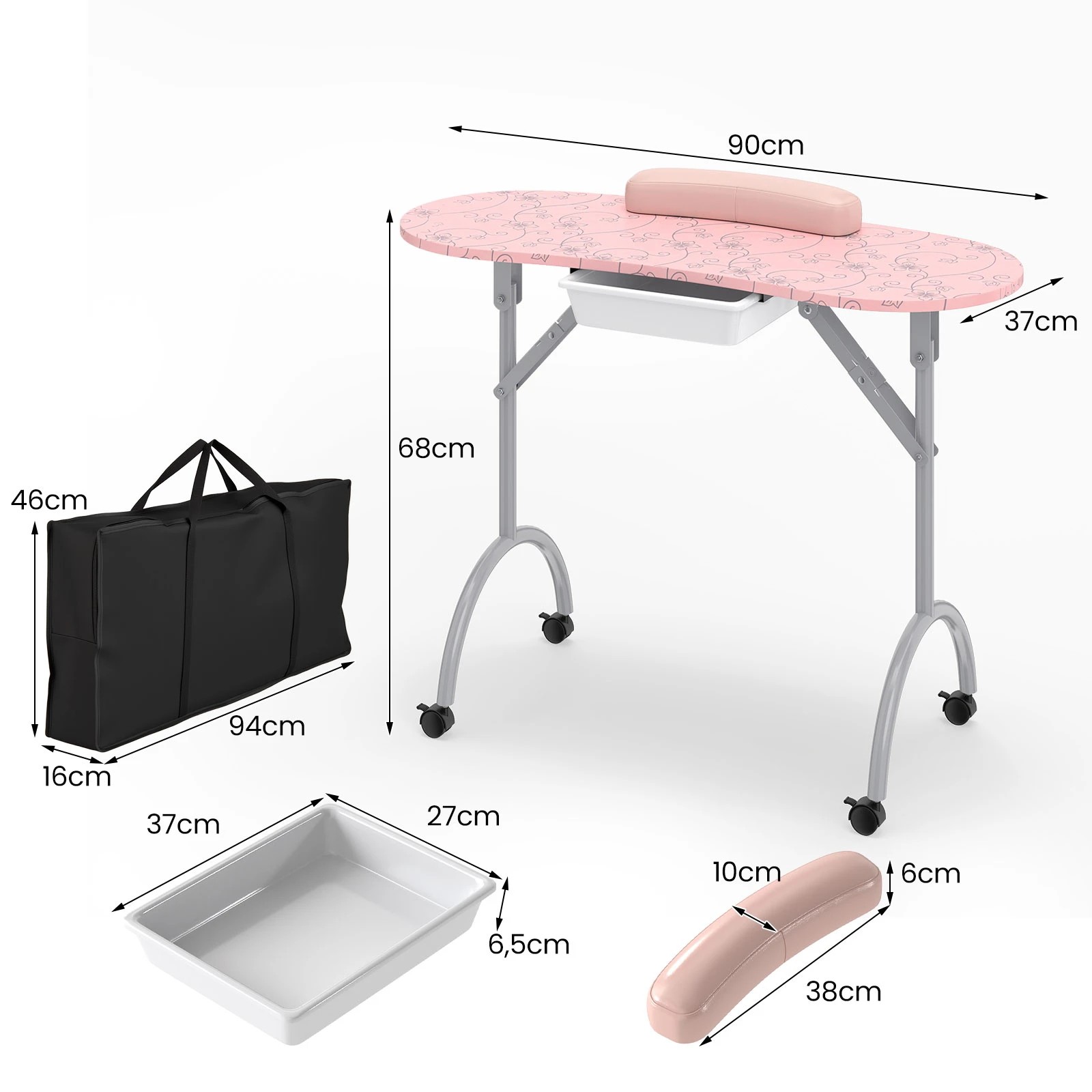 2 Costway Foldable Manicure Table w/Wheels Professional Nail Technician Desk - Pink, 2 of 5