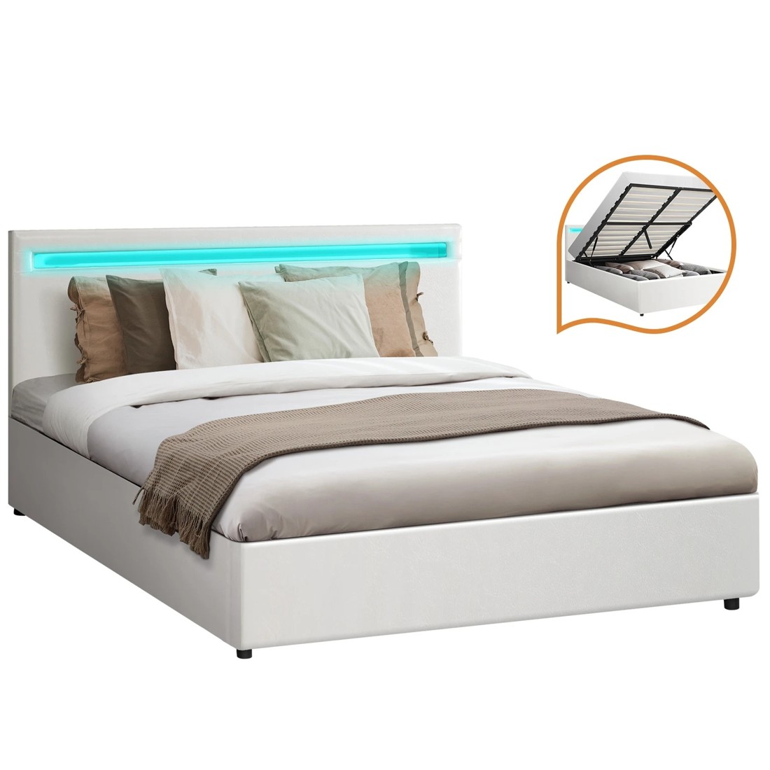 1 Oikiture Double Rgb Led Bed Frame Gas Lift Beds With Storage Base
 - White, 1 of 10