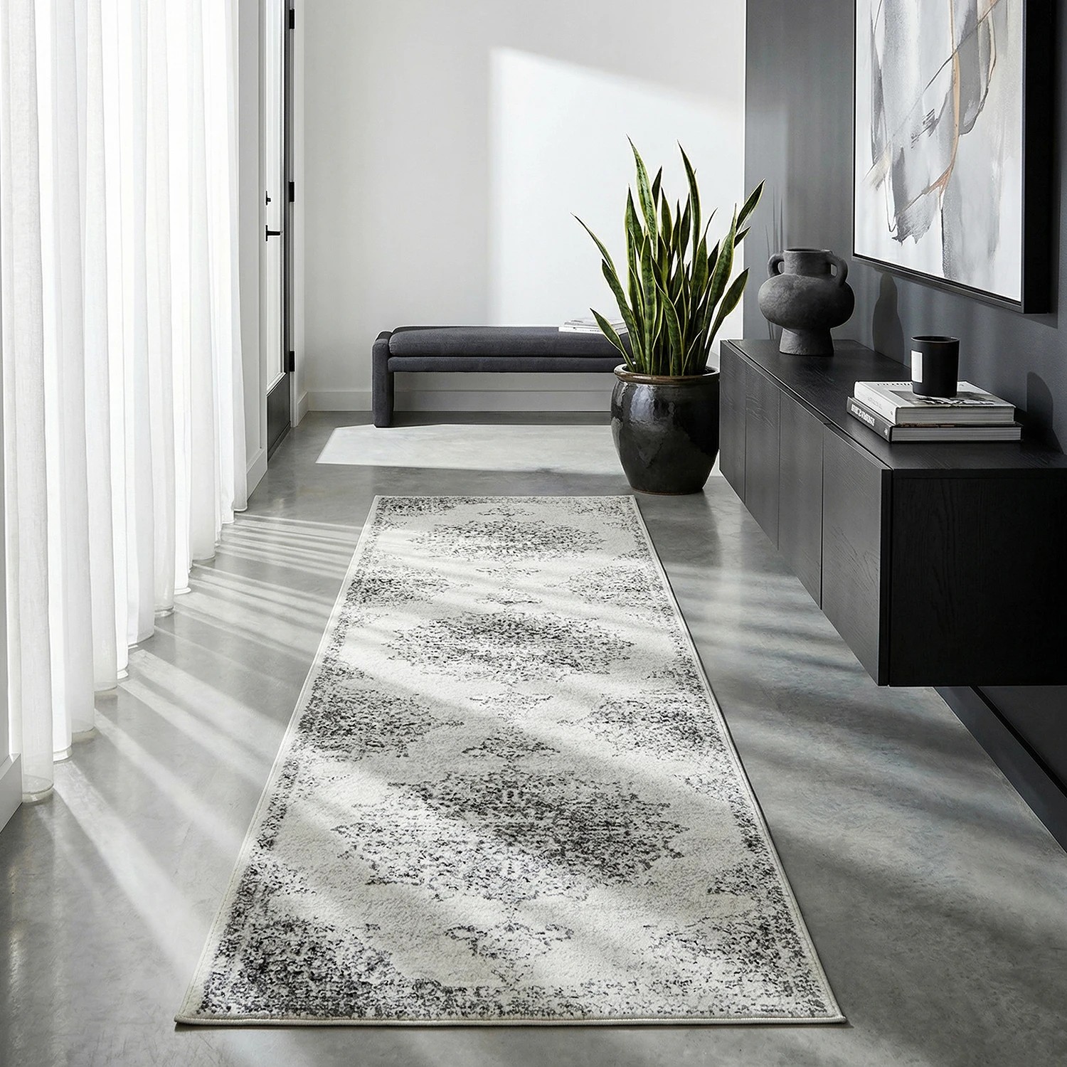 1 Common Ground Rugs Lustre Rita 300x80cm Runner - Medium Pet Friendly Rug - Silver, 1 of 5