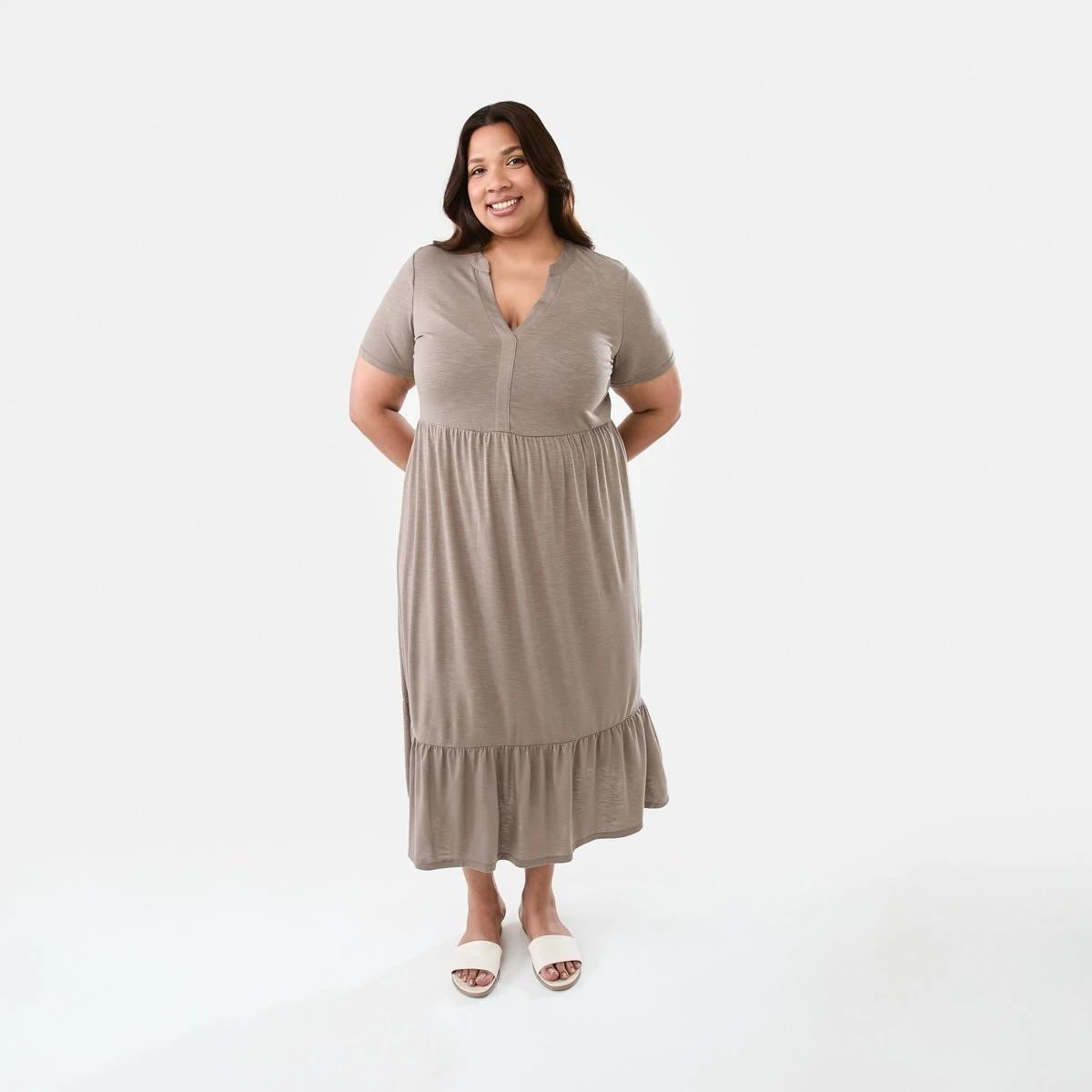 1 Curve Short Sleeve Jersey Midi Dress Taupe Brn, 1 of 7