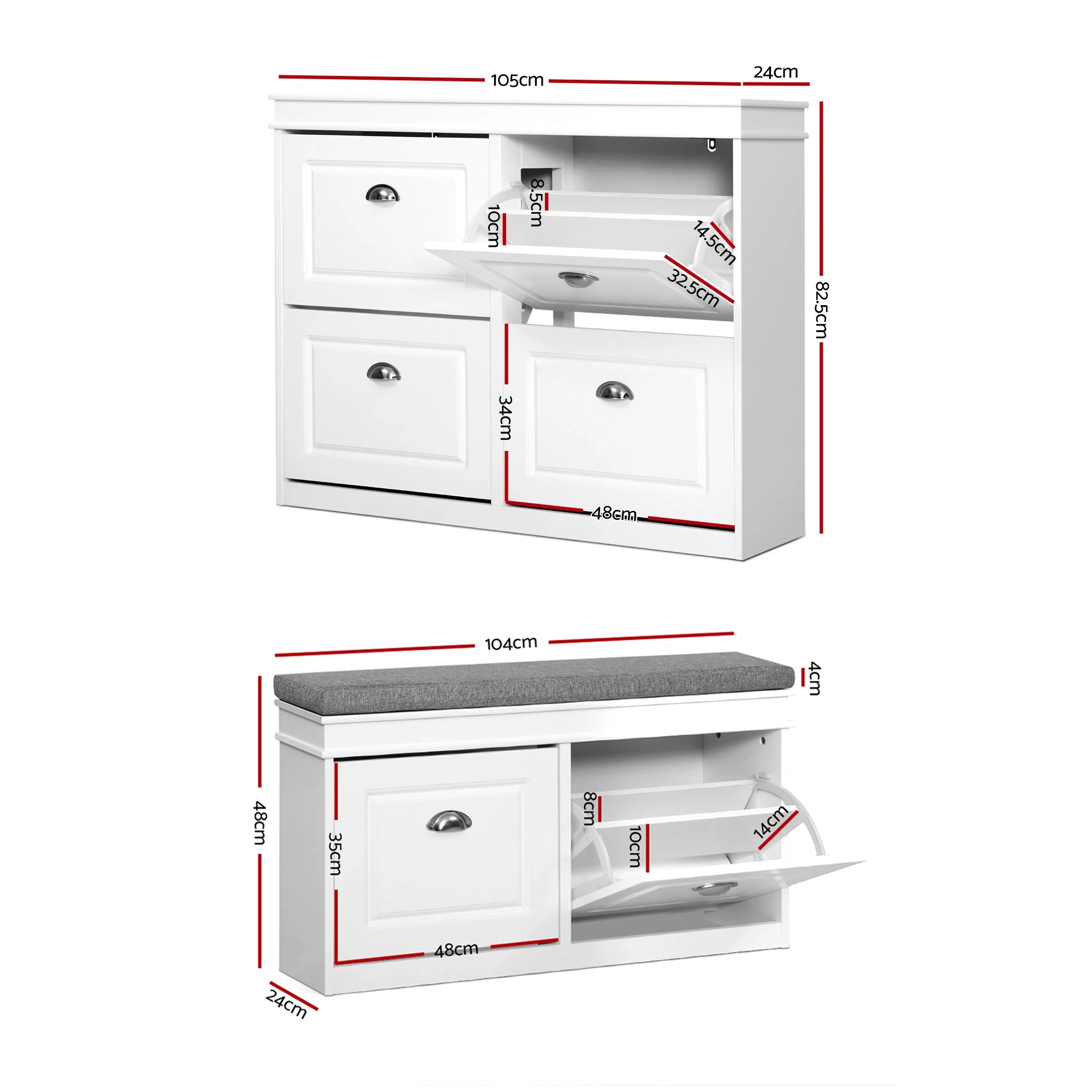 2 Artiss Shoe Cabinet Bench Set Storage Organiser with Flip Drawer Hallway Living Room - White, 2 of 7