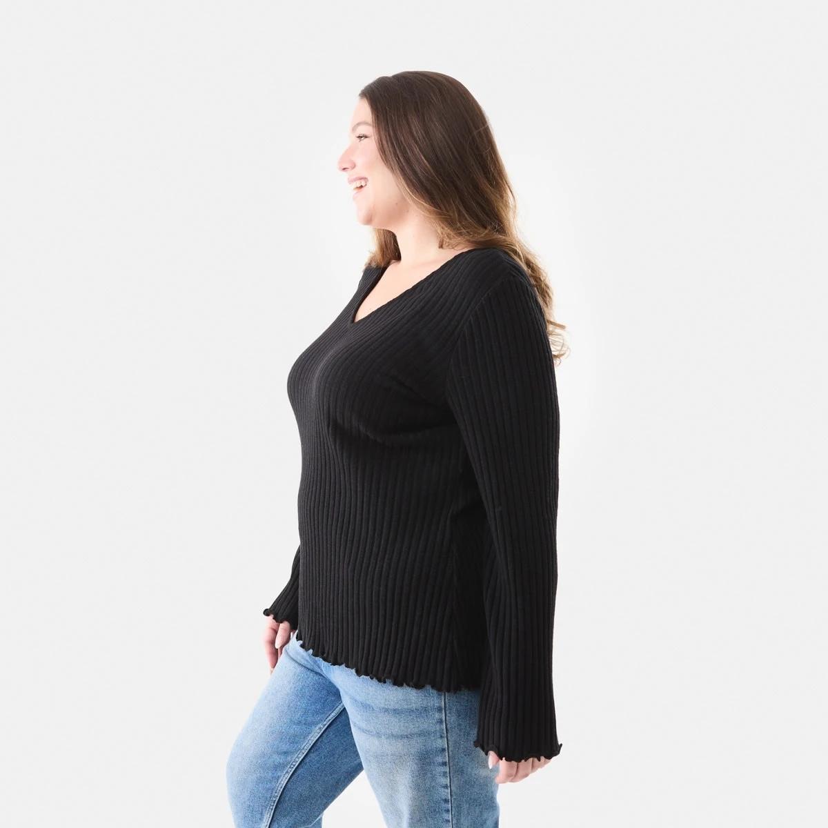 2 Curve Long Sleeve V-Neck Rib Top Black, 2 of 5
