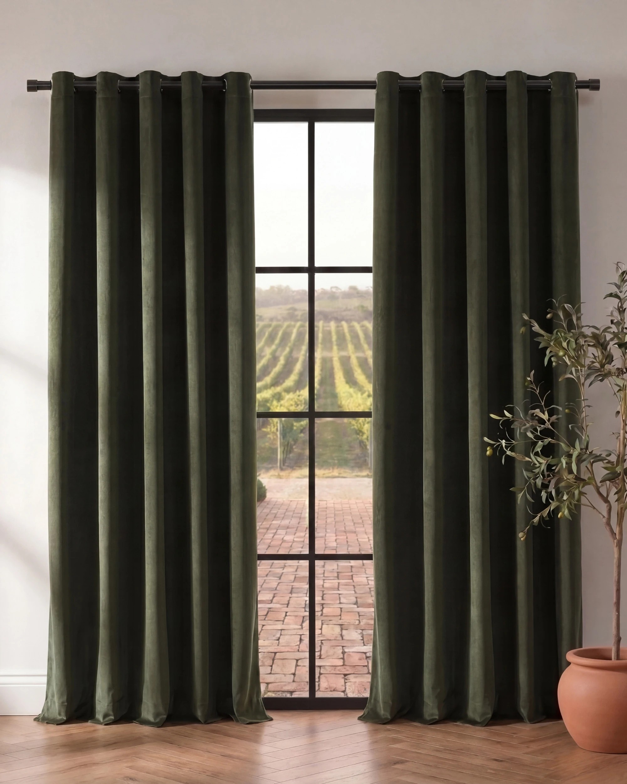 1 Cadence & Co. Byron Matte Velvet 100% Blockout Eyelet Curtains Twin Pack 135x223cm - Olive, 1 of 6