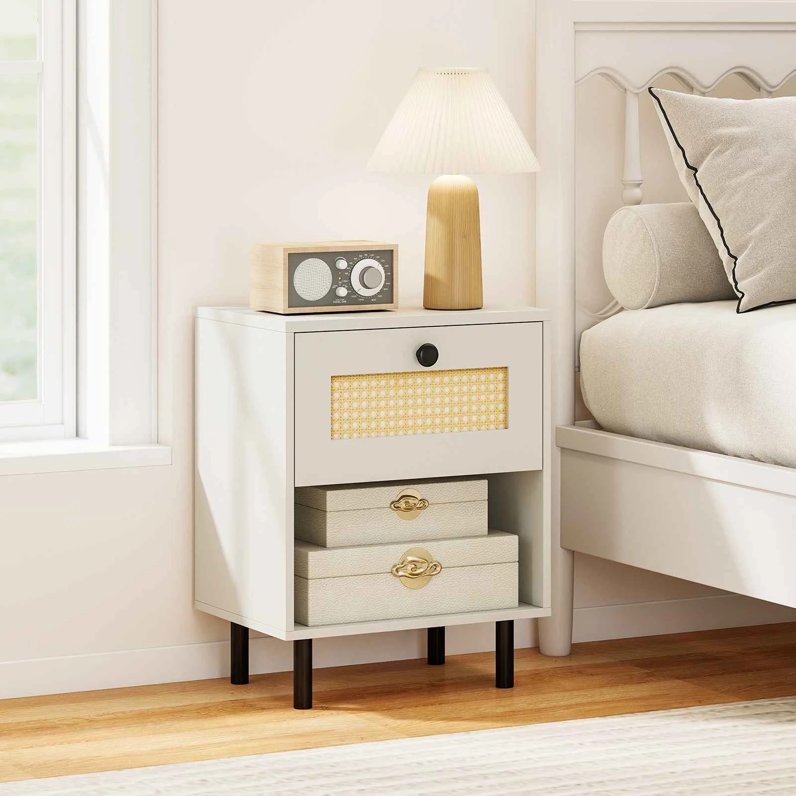 3 Costway Rattan Nightstand Boho Bedside Table Sofa Side Accent End Table Drawer Open Storage Shelf Metal Legs, 3 of 6