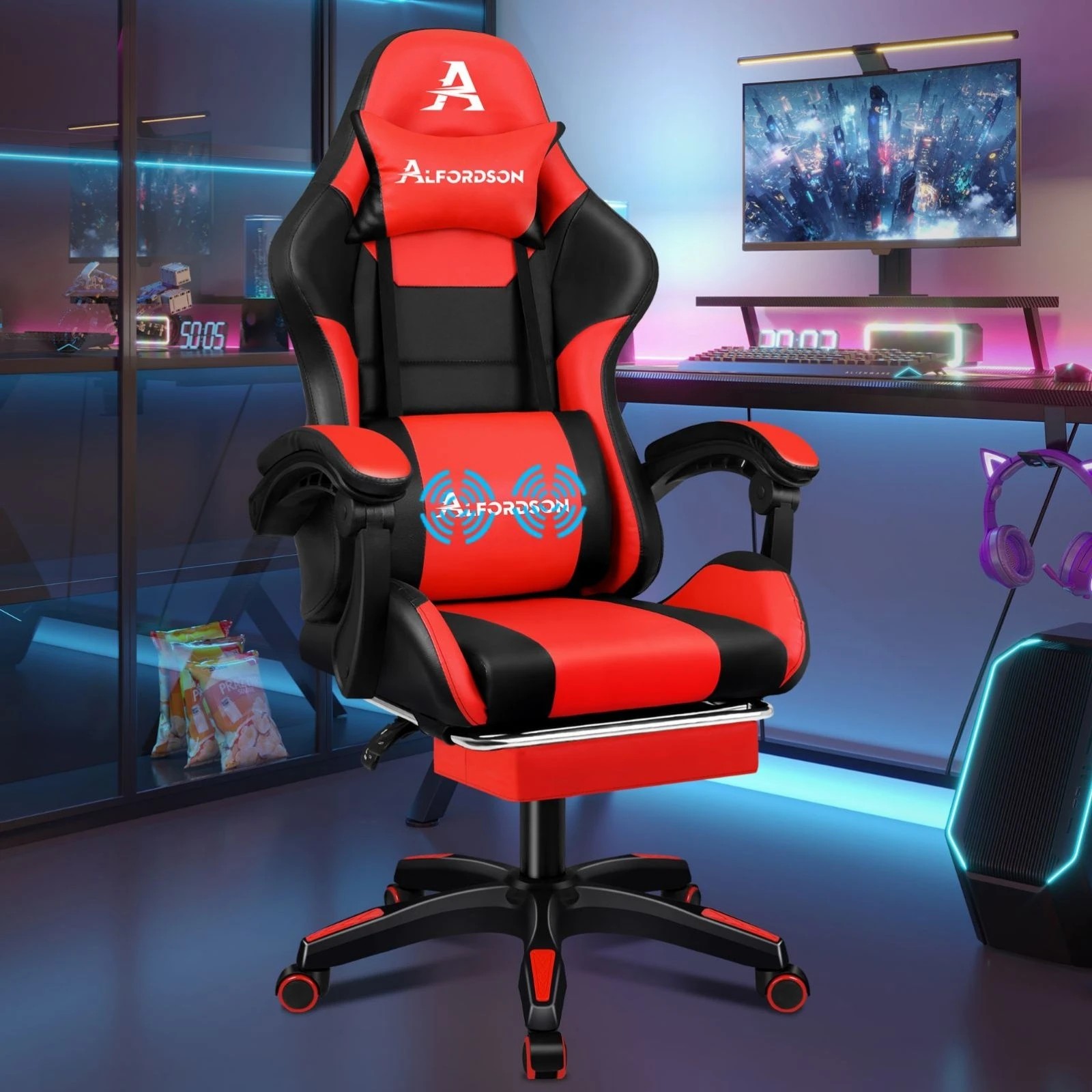 2 Alfordson Gaming Office Chair Extra Large Pillow Racing Executive Footrest Seat - Red, 2 of 10