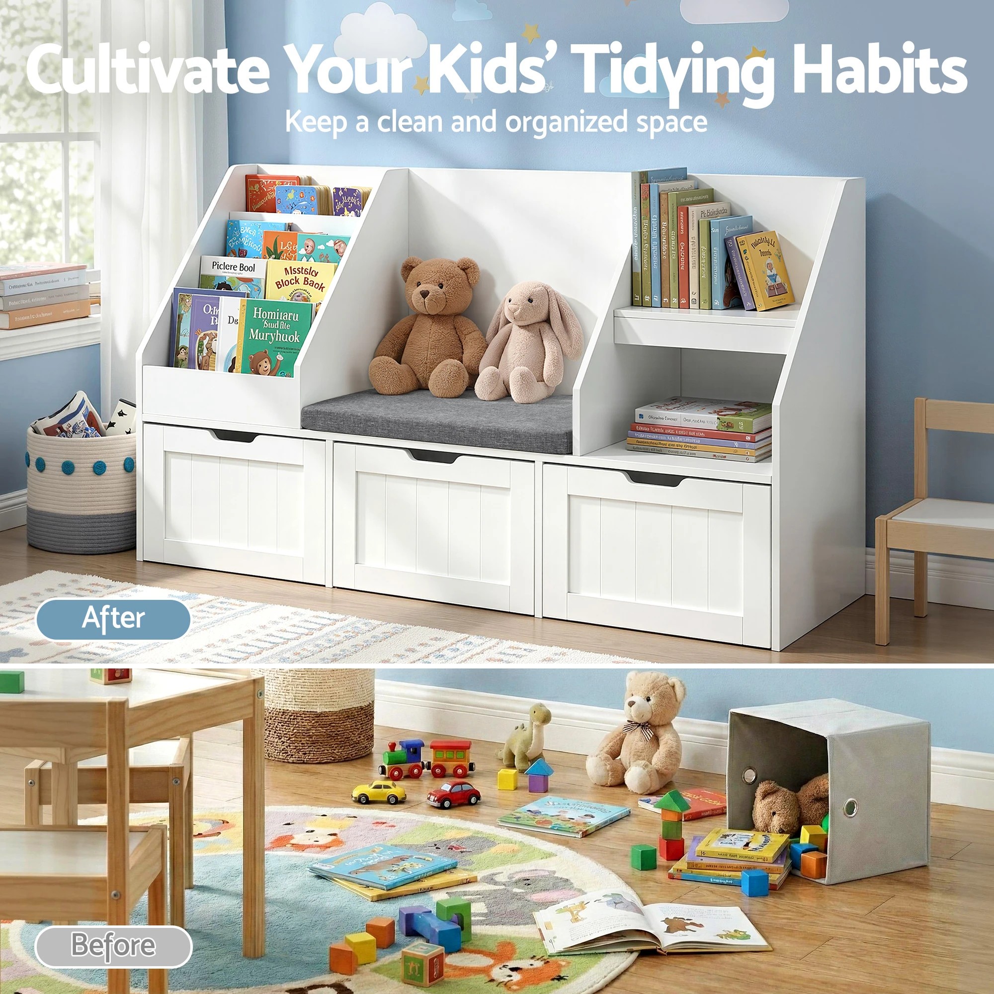 8 Keezi Kids Bookshelf Storage Organiser Toy Box Drawer Bench Seat Cabinet - White, 8 of 8