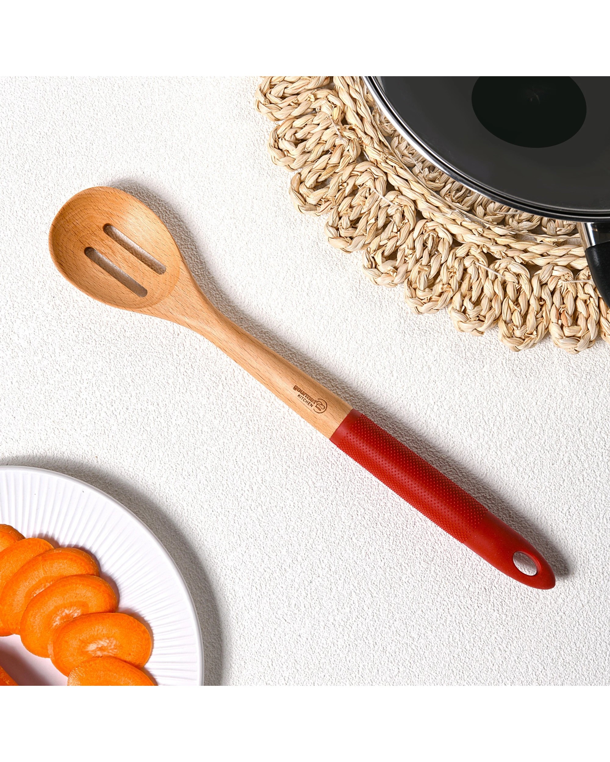 2 Gourmet Kitchen Rustic Beech Wood Slotted Spoon with Silicone Grip - Red, 2 of 8