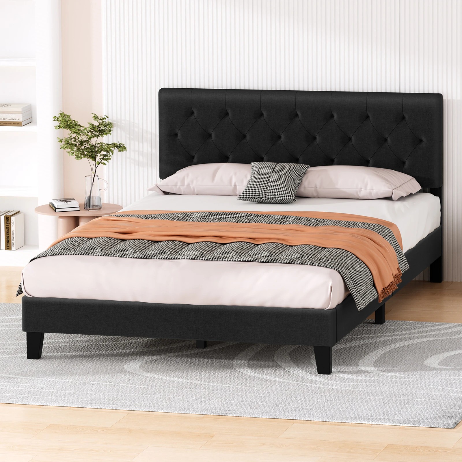 8 Alfordson Bed Frame Double Size Tufted Headboard Modern Fabric Meduna - Charcoal, 8 of 9
