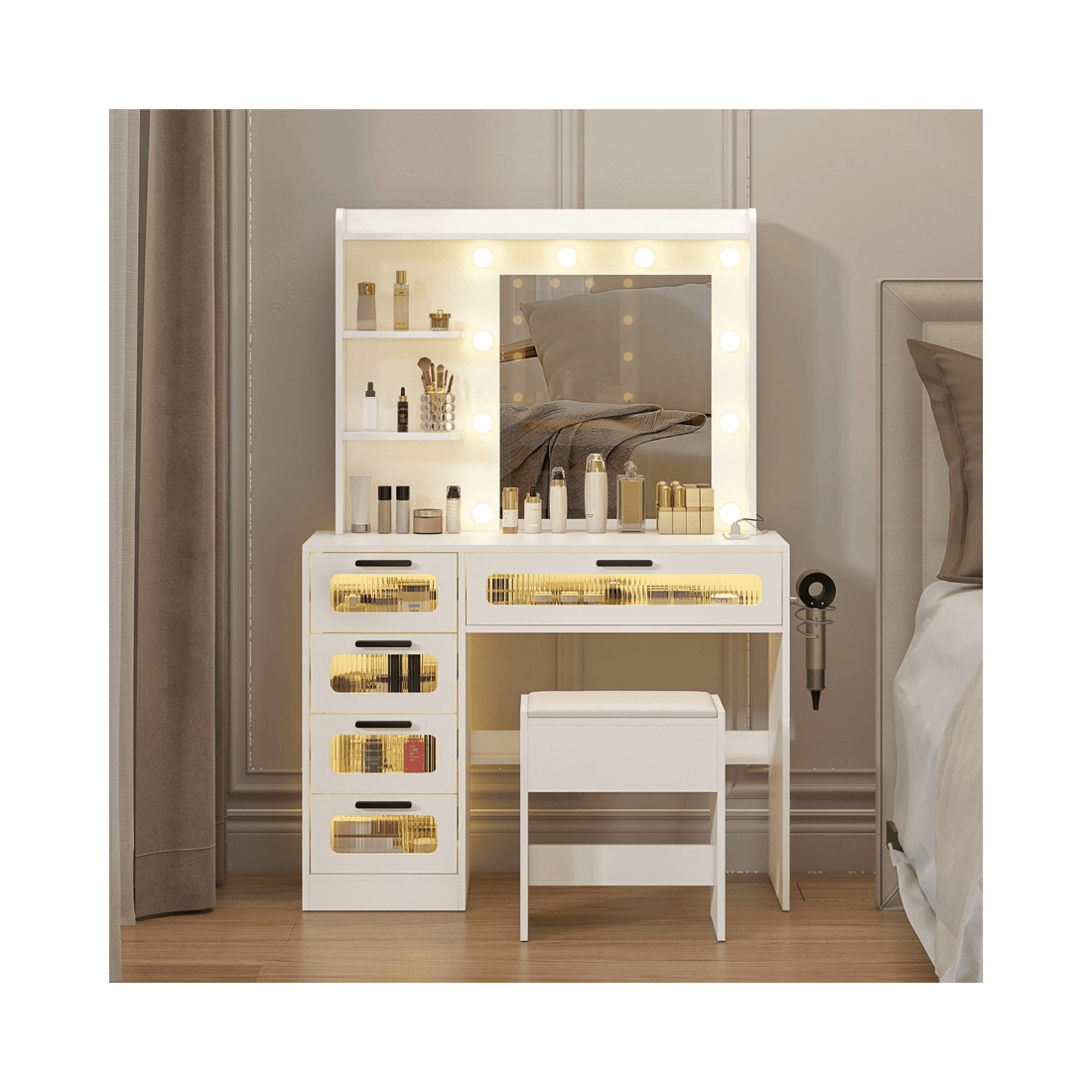 2 Advwin Dressing Table Stool Set With Mirror 10 Led Bulbs Vanity Desk
 - White, 2 of 10