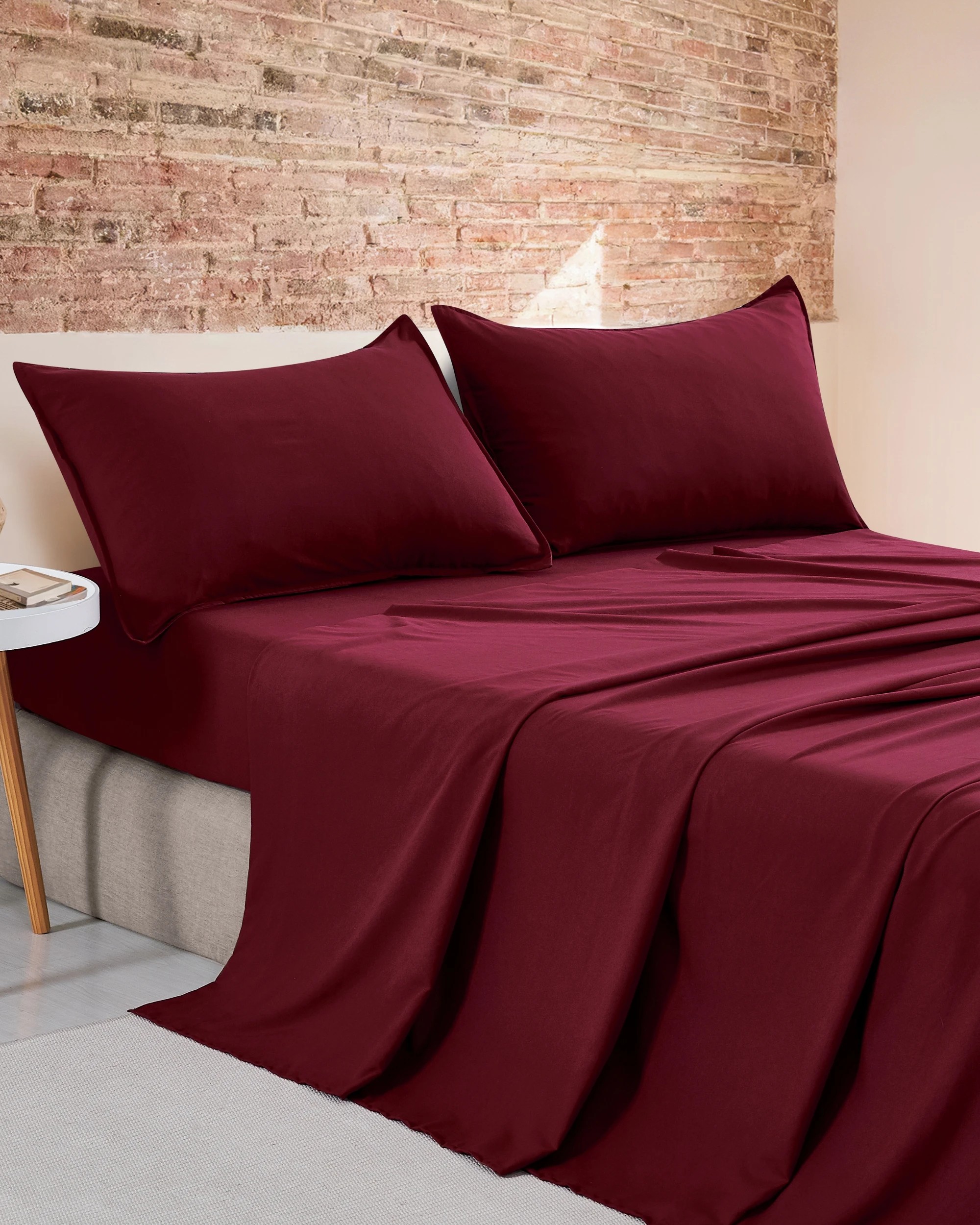 1 CleverPolly 100% Vintage Washed Microfibre Sheet Set - Single Bed - Burgundy, 1 of 5