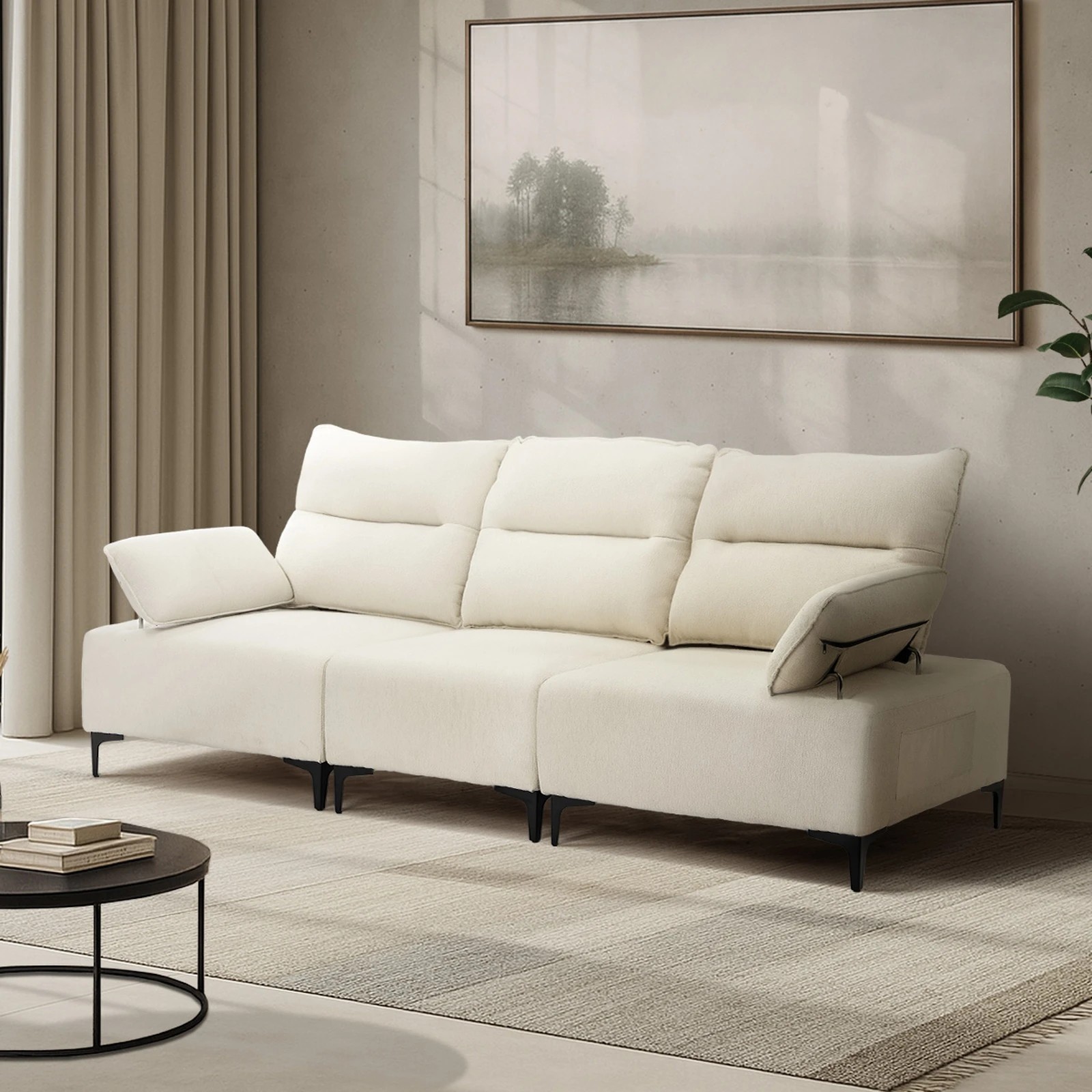 4 Oikiture 3 Seater Couch Sofa Chenille - Beige, 4 of 10