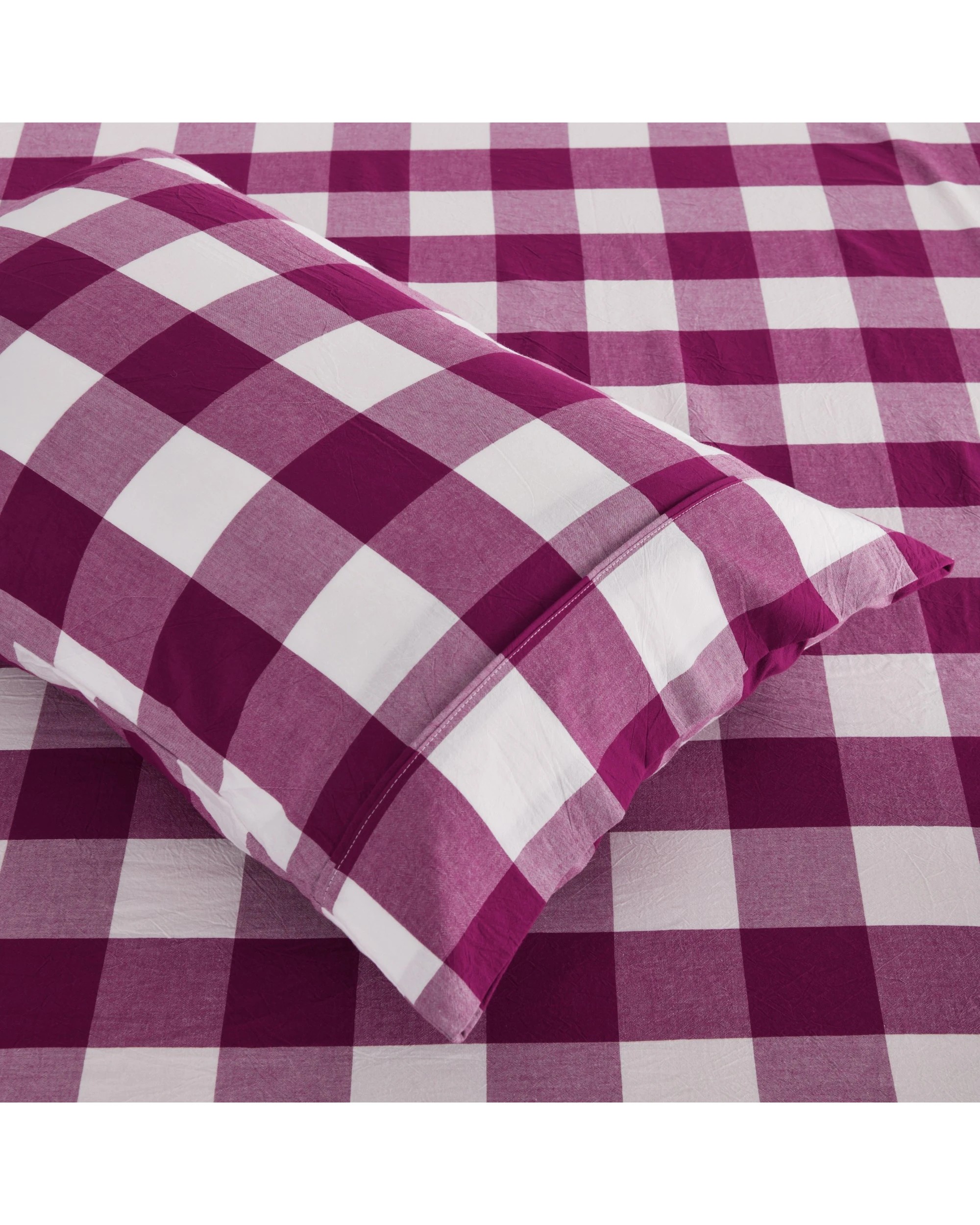 3 Dreamaker Remy Yarn Dyed Washed Cotton Checkered Sheet Set - Double Bed - Berry, 3 of 5