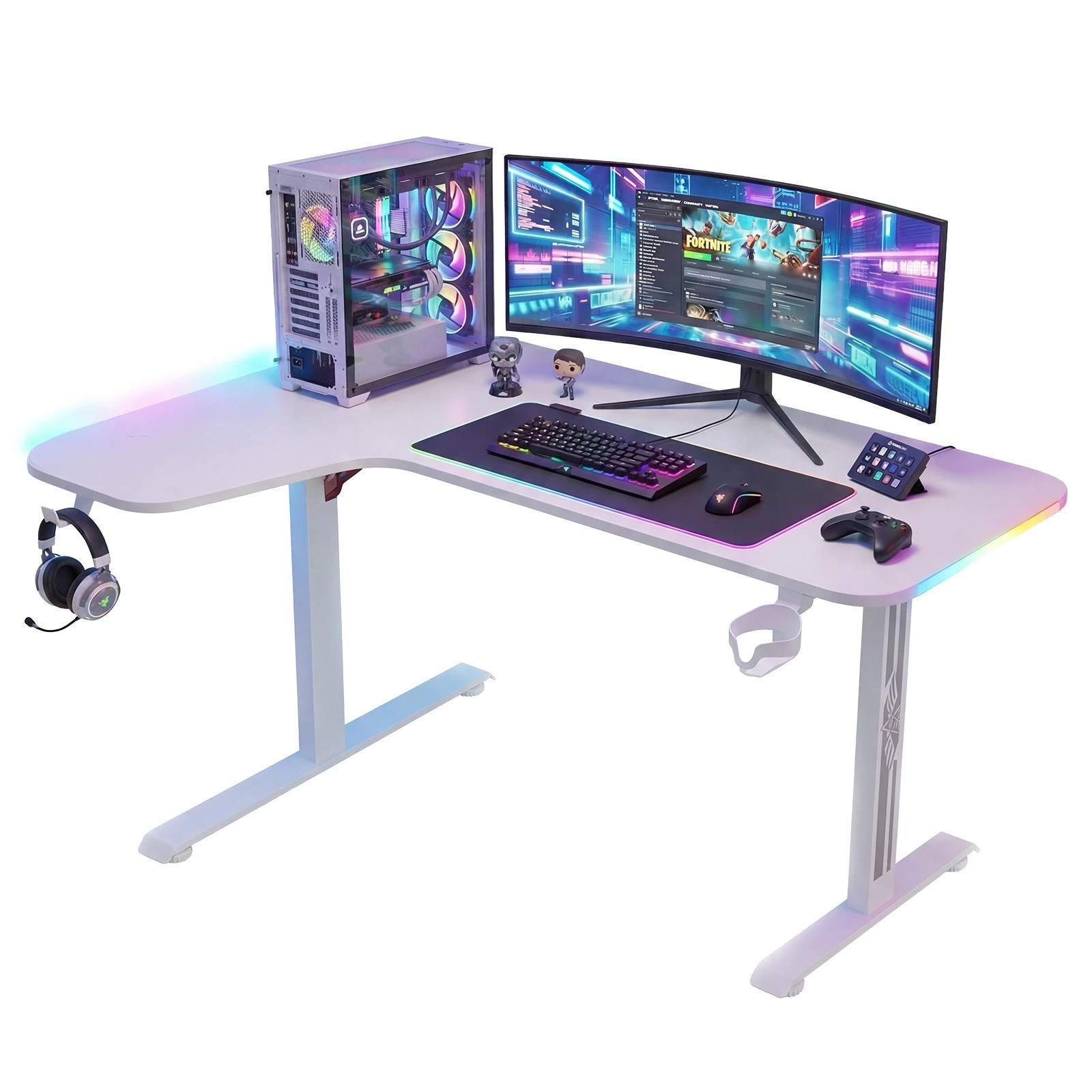 4 Advwin 140cm L Shaped Computer Gaming Desk With Rgb Led Light White, 4 of 5