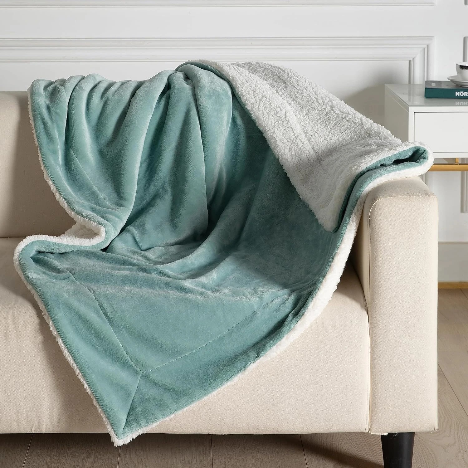 2 Gioia Casa Teddy Sherpa Throw Reversible Soft Flannel Velvet Throw Blanket - Sage, 2 of 5