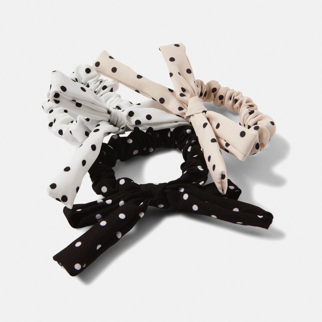 3 3 Pack Polka Dot Bow Hair Scrunchies - Black, White and Beige, 3 of 5
