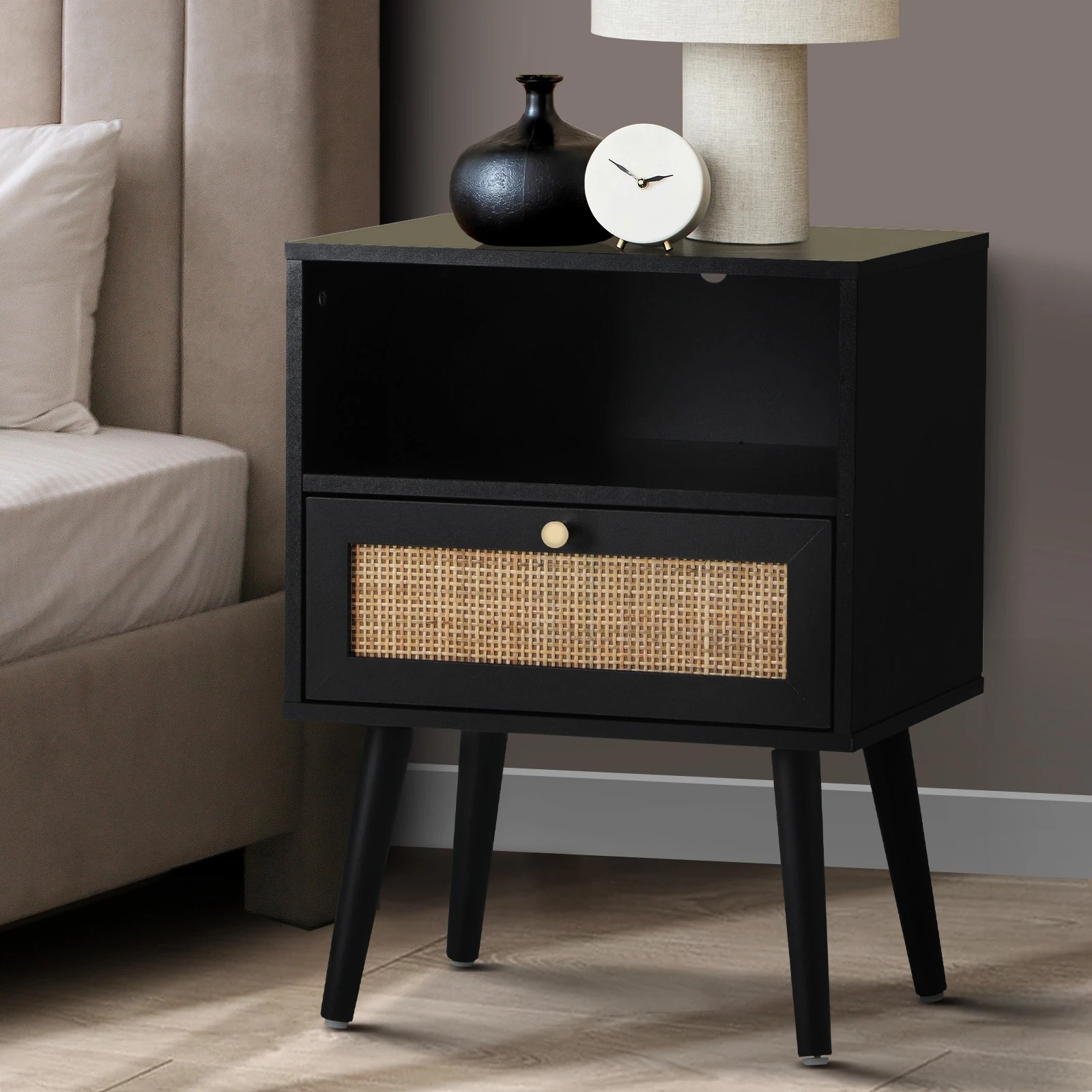 2 Oikiture Bedside Table Side Table Storage Drawer Shelf Nightstand Rattan
 - Black, 2 of 10