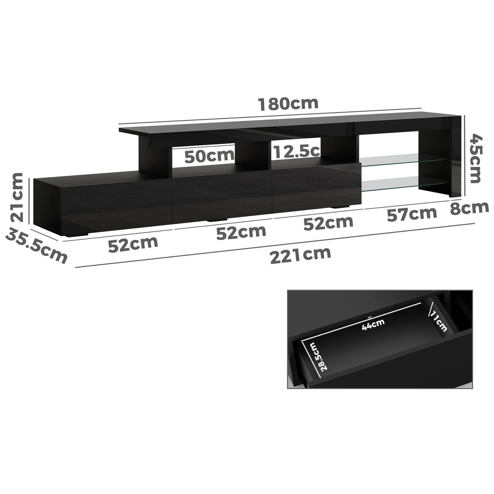2 Alfordson Entertainment Unit 220cm TV Stand LED Light Storage Gloss - Black, 2 of 10