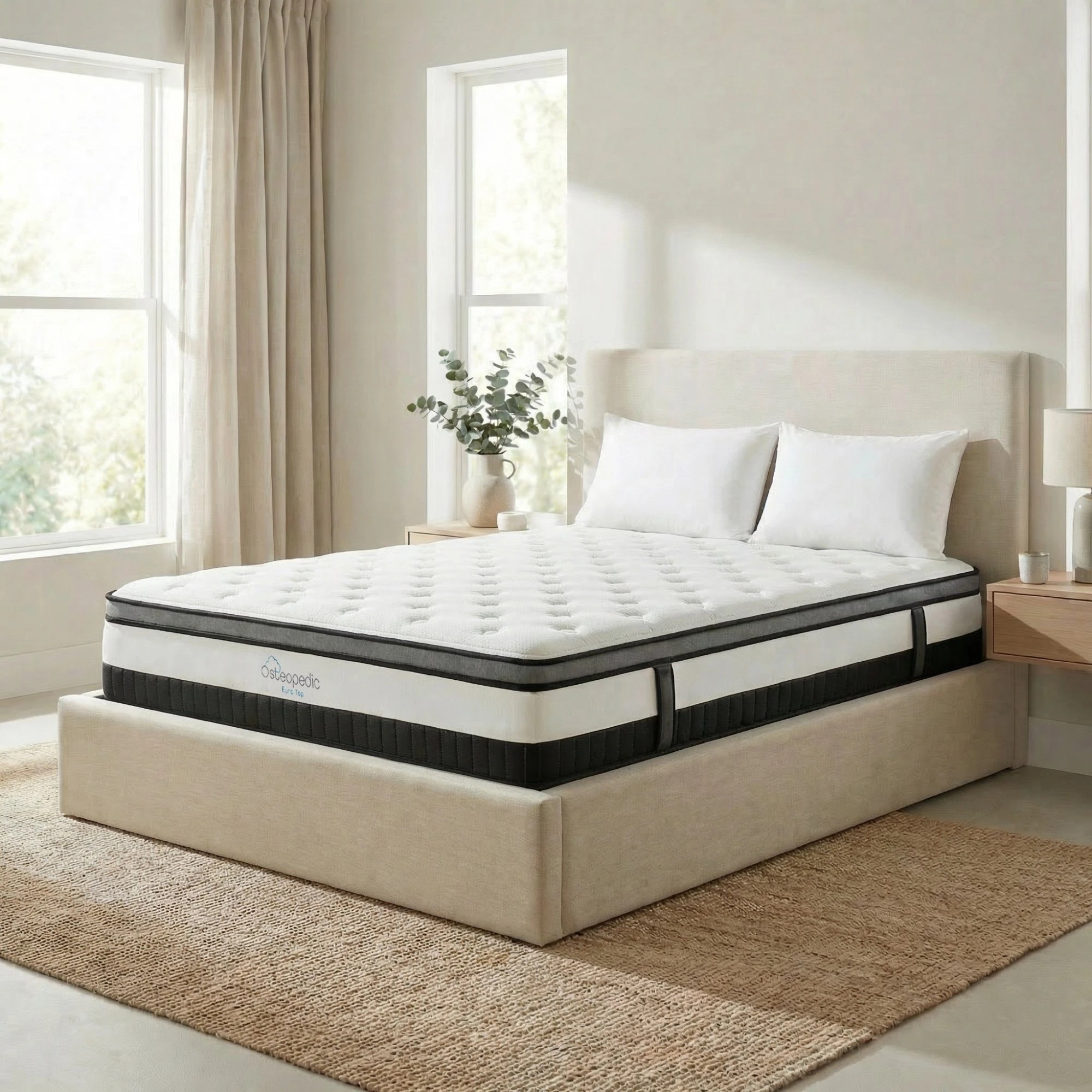 1 Osteopedic Euro Top Mattress Pocket Spring Medium EuroTop Hybrid Design Bed - Queen Bed - White, 1 of 3
