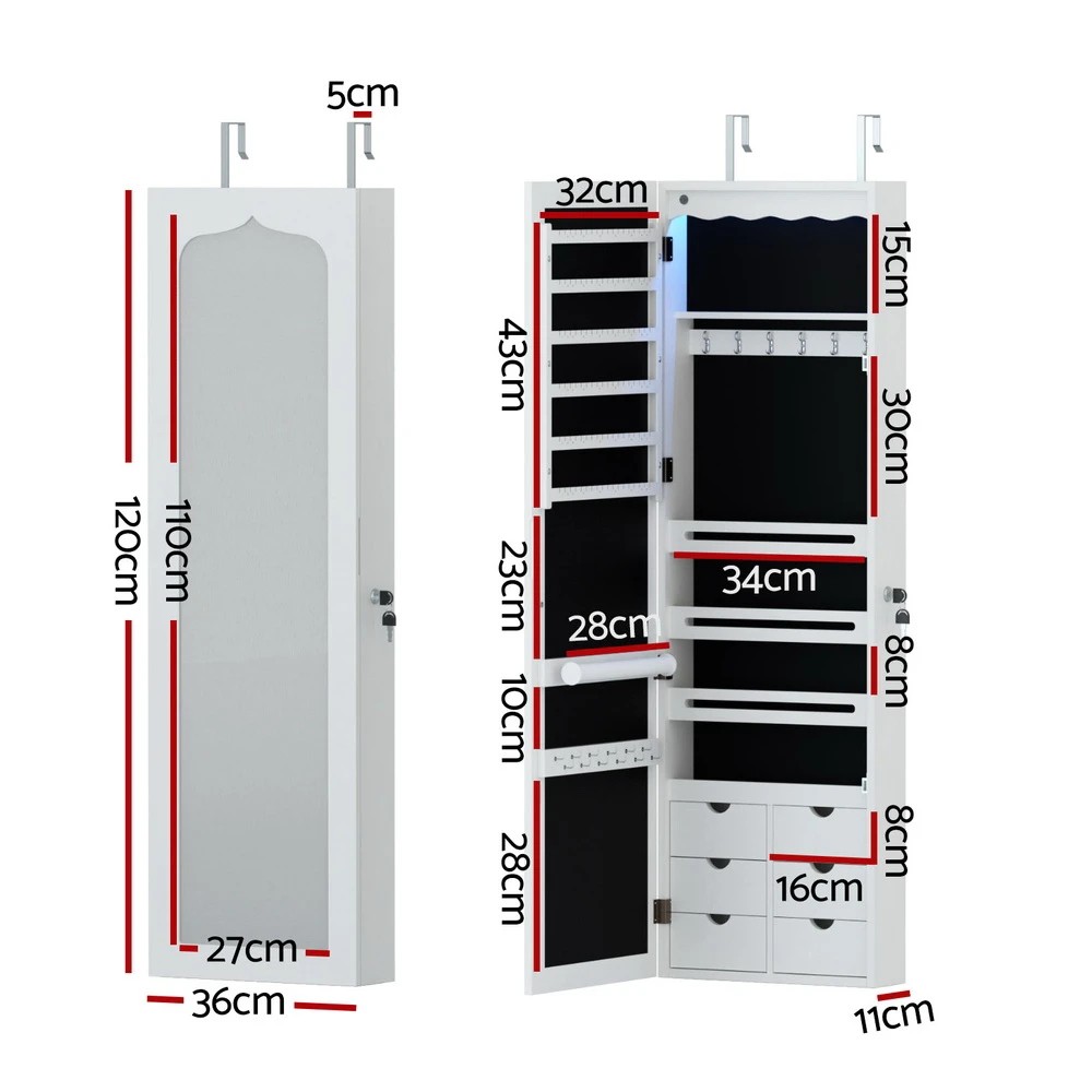 3 Artiss Jewellery Cabinet LED Mirror Lockable - White, 3 of 3