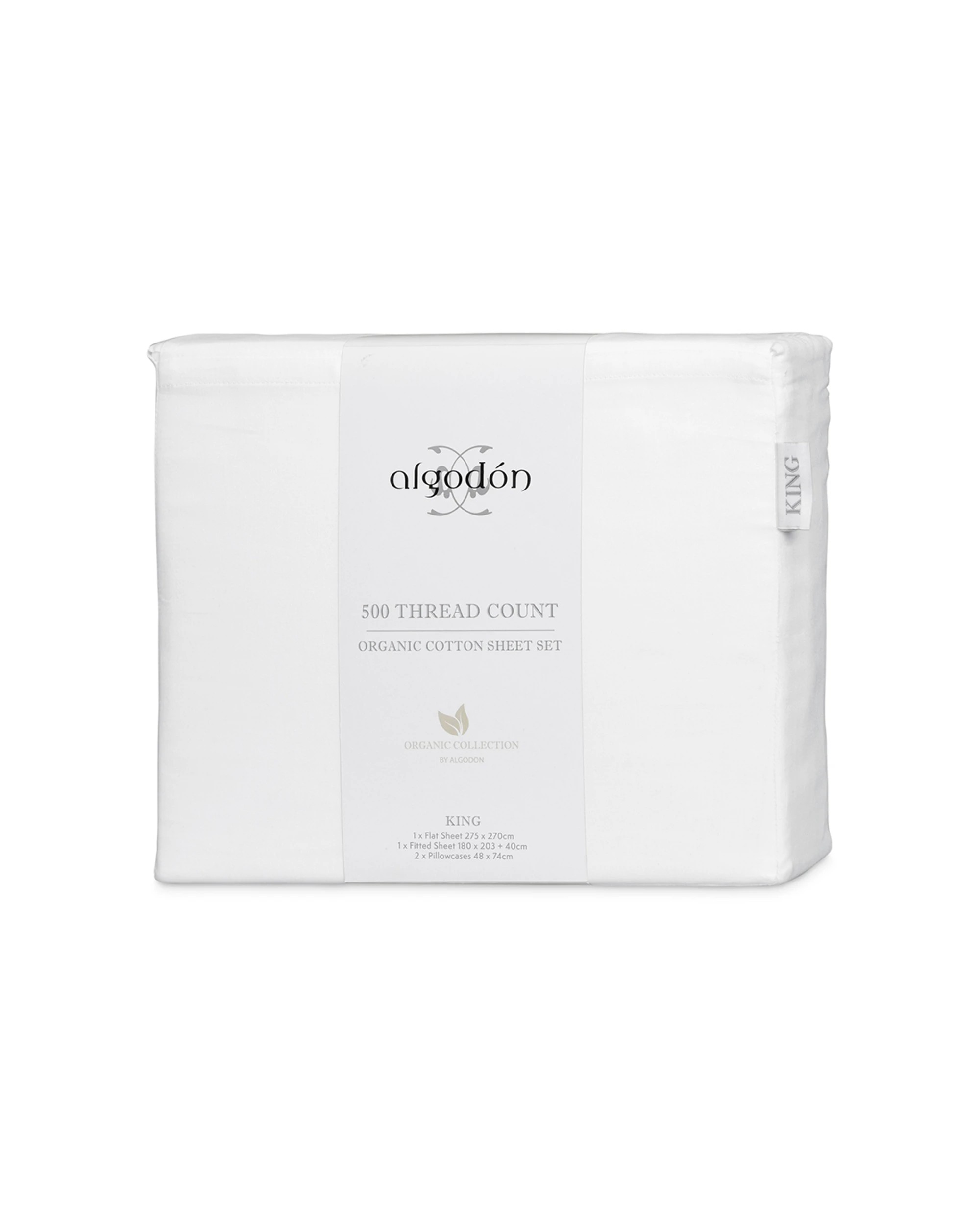 5 Algodon 500TC Organic Cotton Fitted Bedding Bed Sheet Set - King Bed - White, 5 of 5