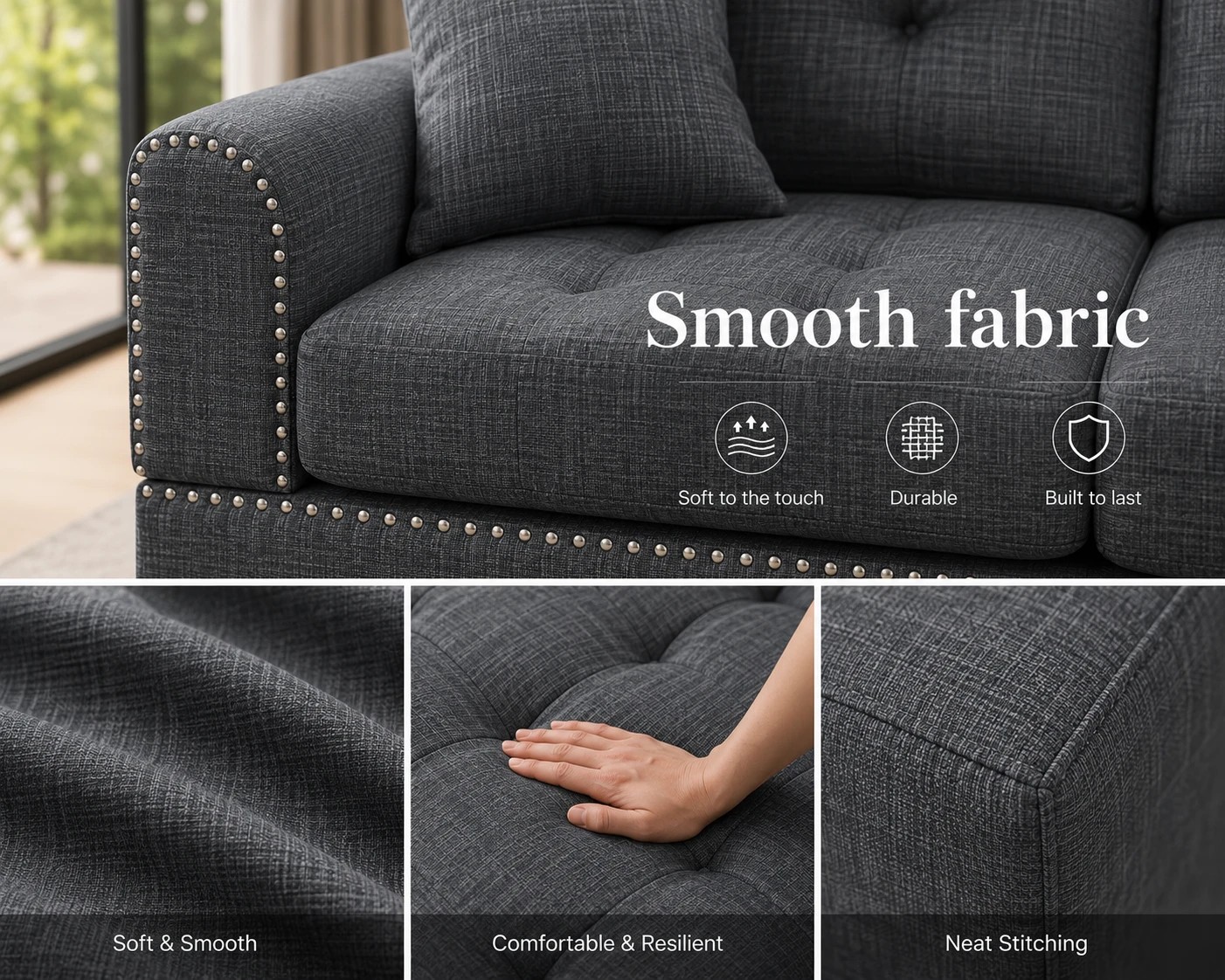5 Foret 263cm L Shape Fabric Corner Sofa Chaise Lounge 4/5 Seater Dark Grey, 5 of 8