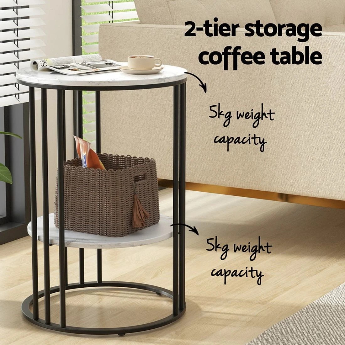 5 Artiss Round Marble Effect Coffee Table Two Tier Storage Robust Metal Frame Modern Living Room Accent Piece - White, 5 of 7