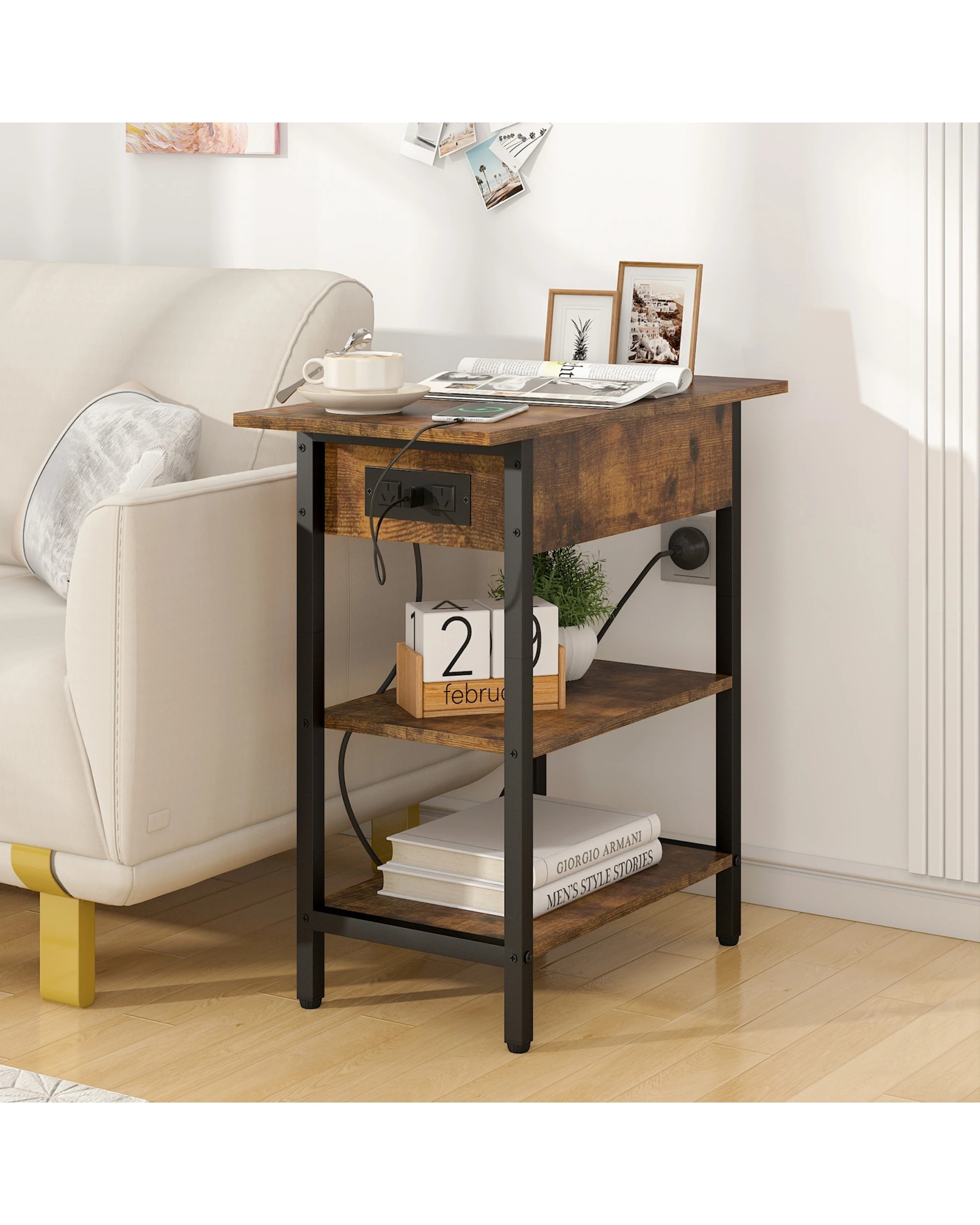 3 Advwin Flip Top Side Table W/ Charging Station Walnut, 3 of 8