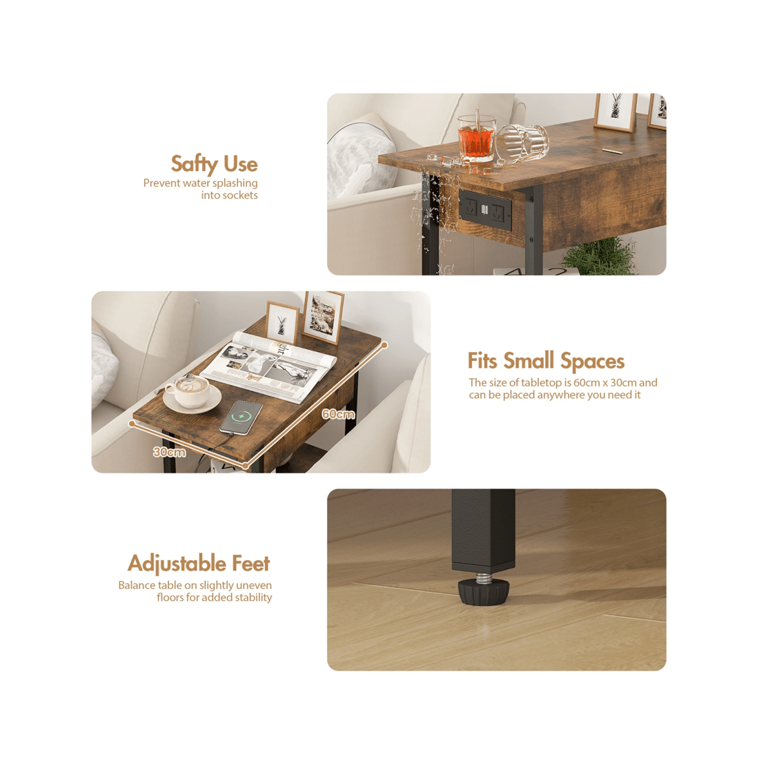 7 Advwin Side Table Flip Top Sofa End Table W/ Charging Station Narrow Bedside Table Walnut, 7 of 8