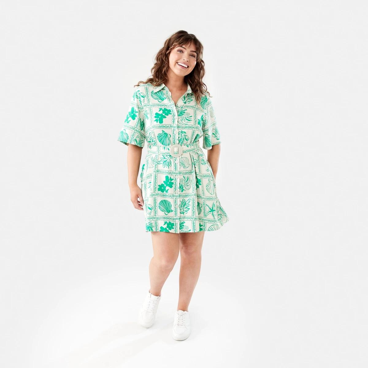 8 Short Sleeve Belted Mini Shirt Dress SHELL GEO SIMPLY GREEN, 8 of 11