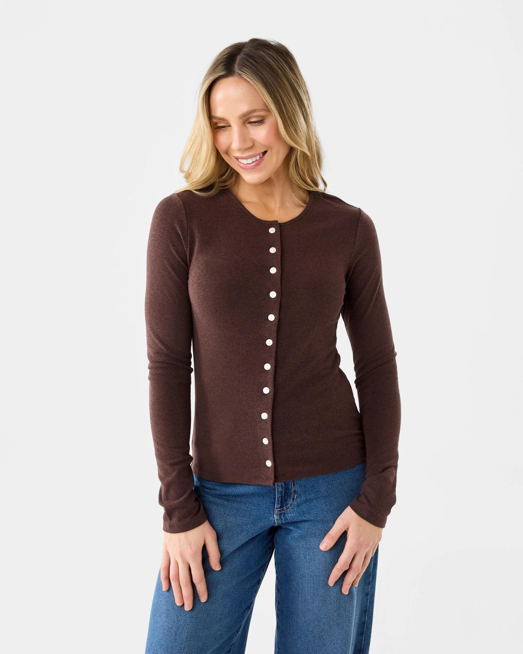 1 Long Sleeve Ribbed Cardigan Espresso, 1 of 5