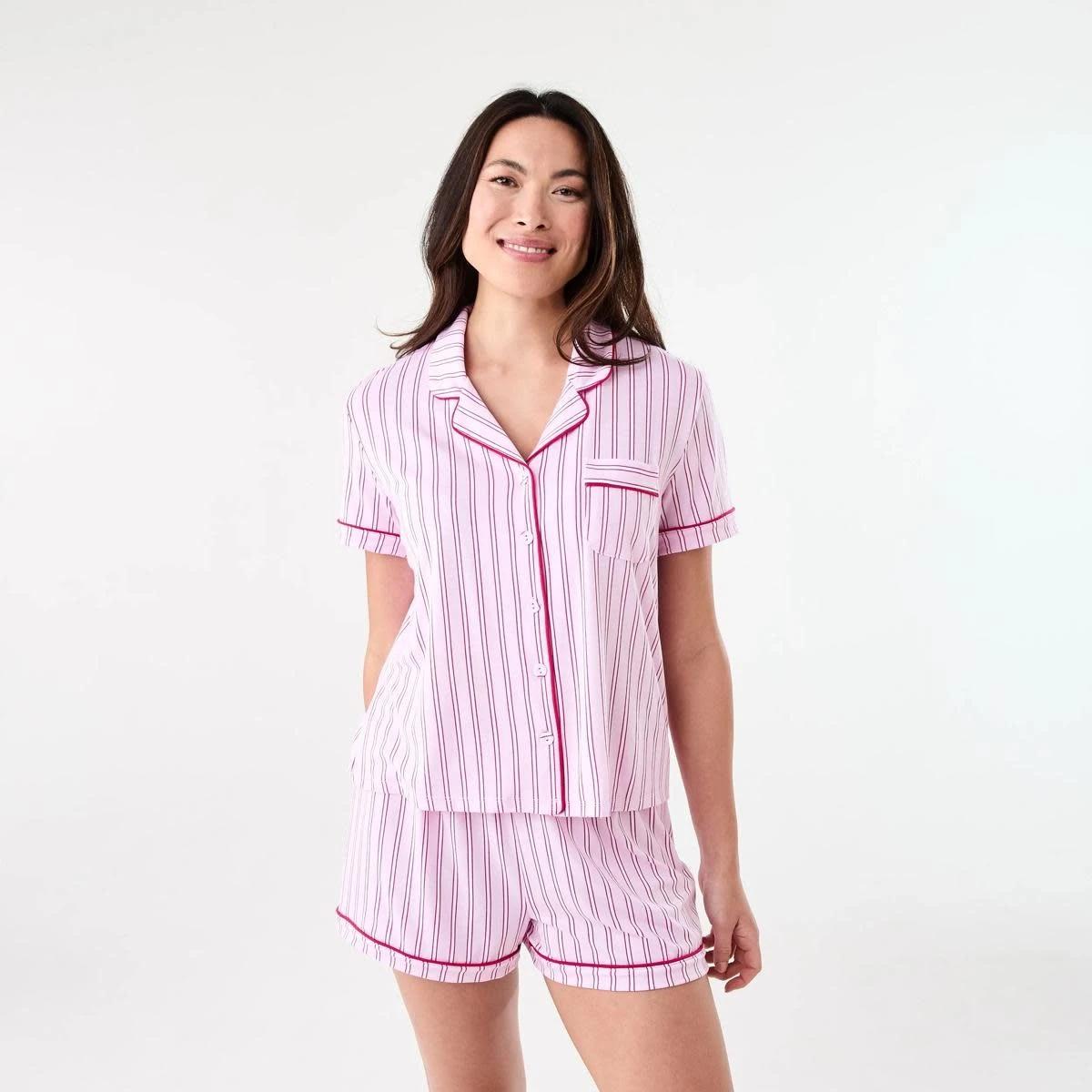 1 Short Sleeve Top and Shorts Comfort Pyjama Set TONAL STRIPE PINK LADY, 1 of 8