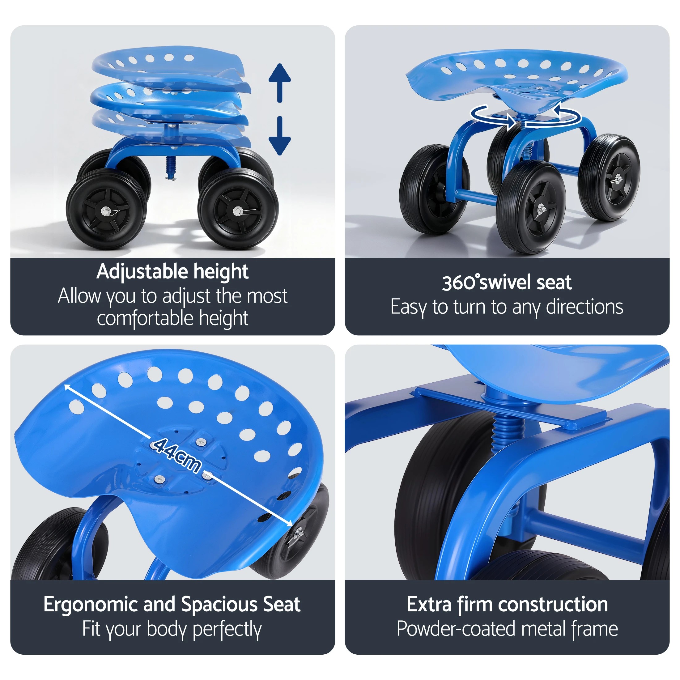 5 Gardeon Garden Seat 360 Swivel Rolling Adju Height Work Scooter Cart Wheels Heavy Duty 150kg - Multi, 5 of 9