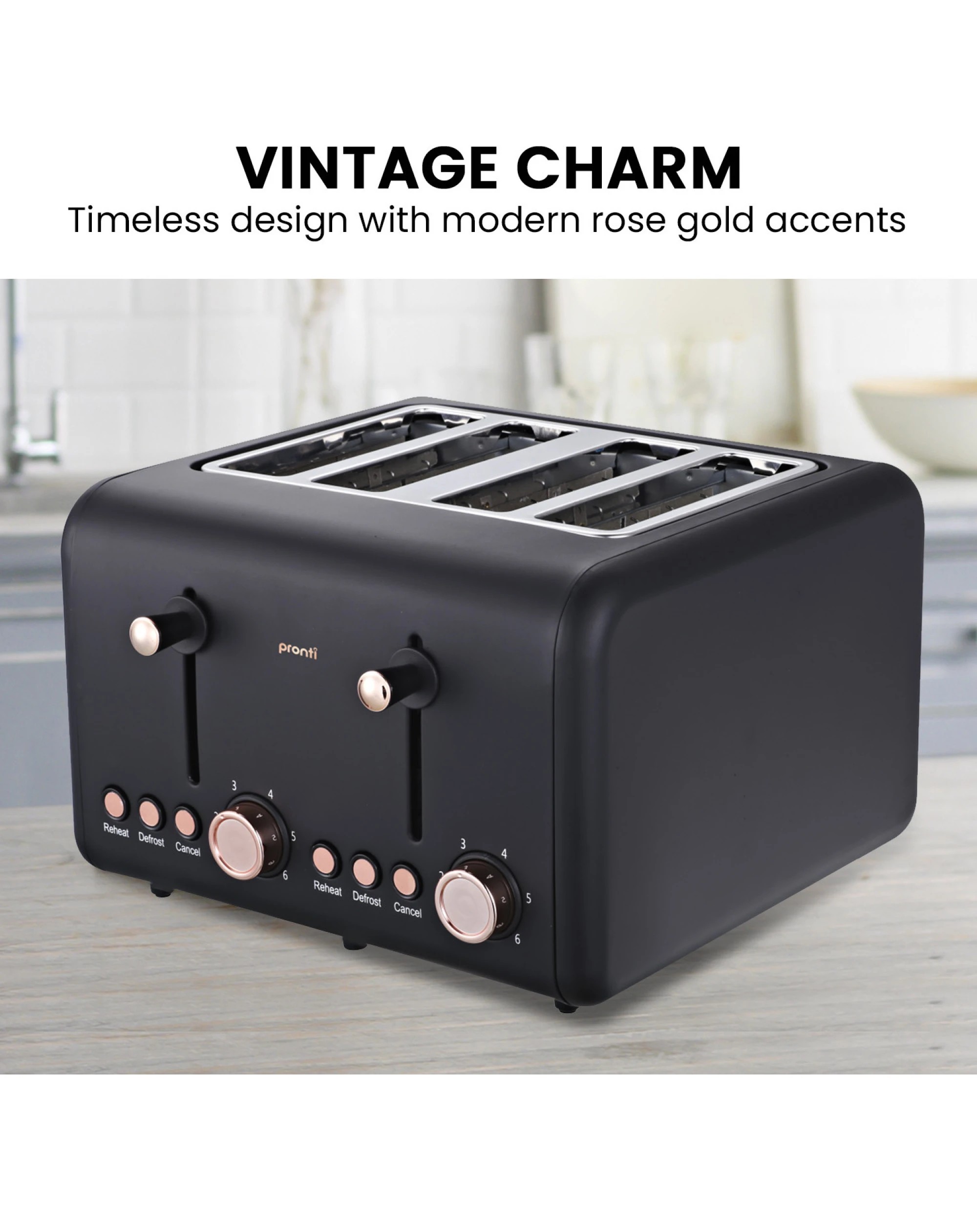 2 Pronti 4 Slice Toaster Rose Trim Collection - Black, 2 of 9