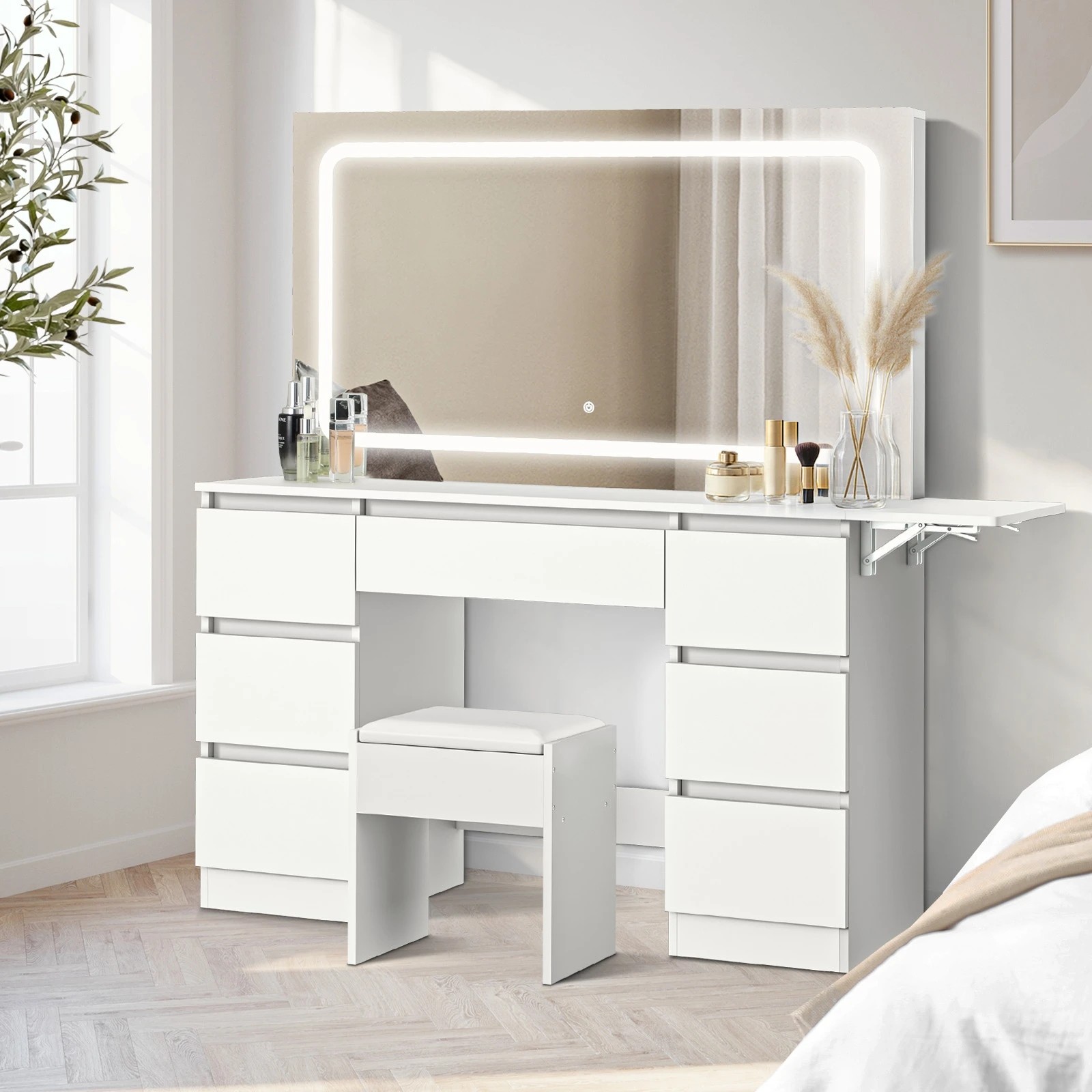 3 Oikiture Dressing Table Stool Set with LED Makeup Mirror Vanity Desk 7 Drawers - White, 3 of 8