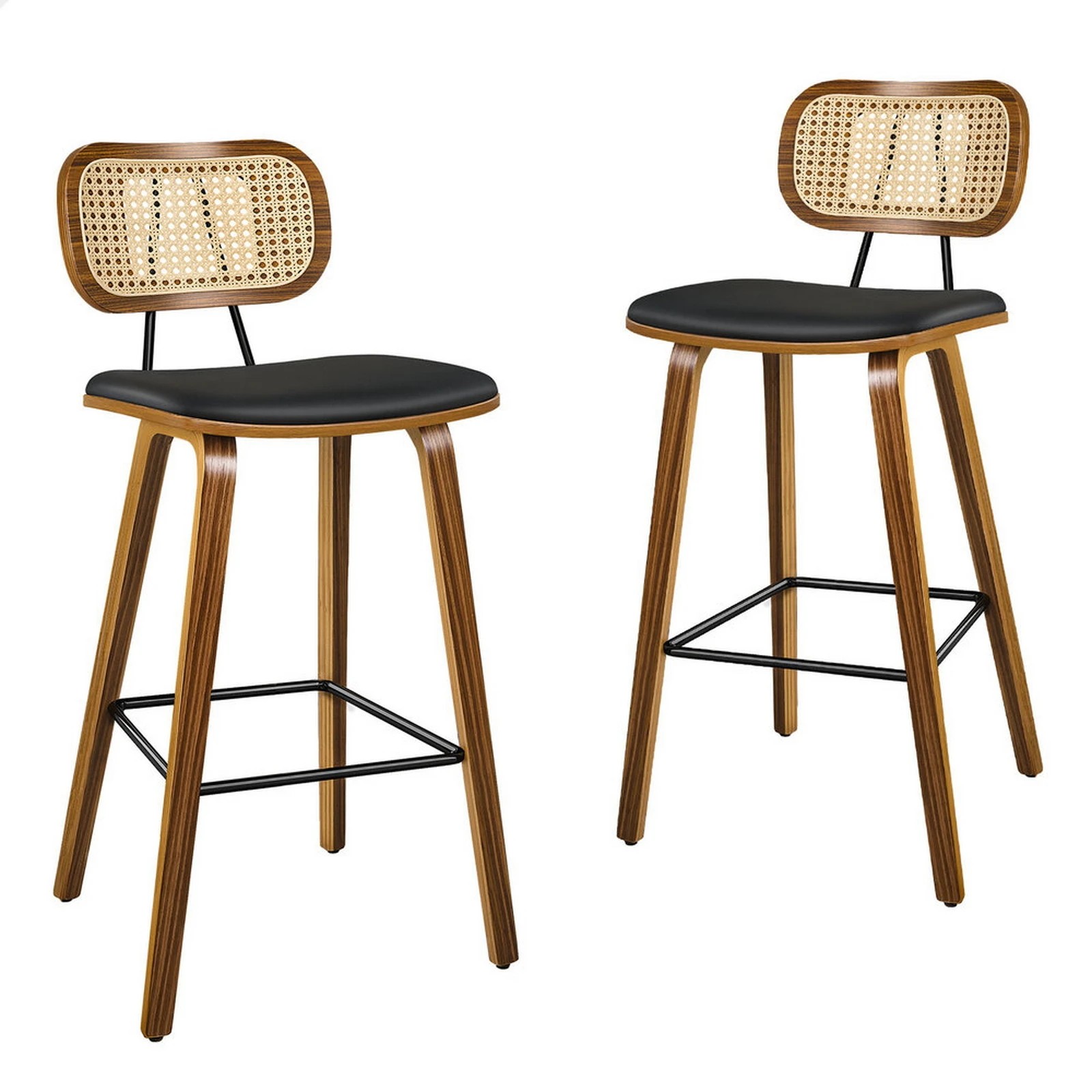 1 Alfordson 2x Bar Stools Kitchen Vintage Leather Seat Rattan Chair Wooden - Black, 1 of 8