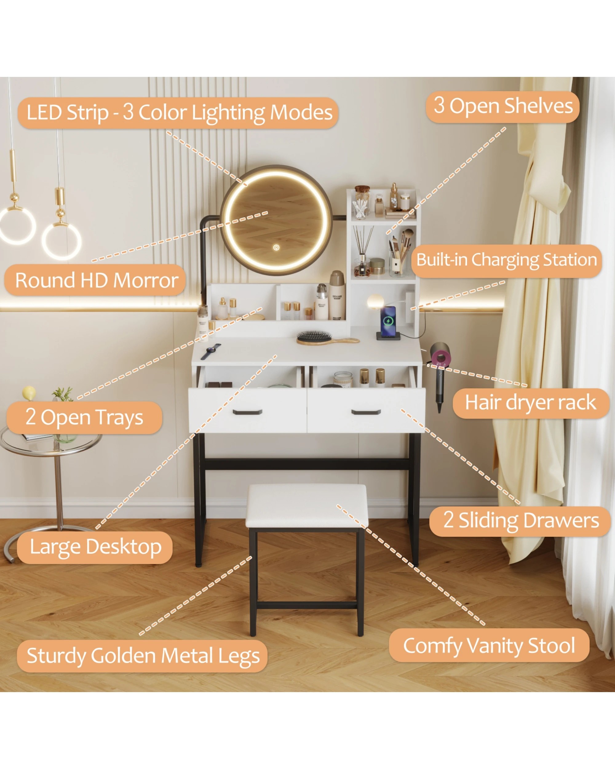 4 Advwin Dressing Table Set With Power Outlet And Led Light 360°adjustable Mirror Angle, 4 of 10