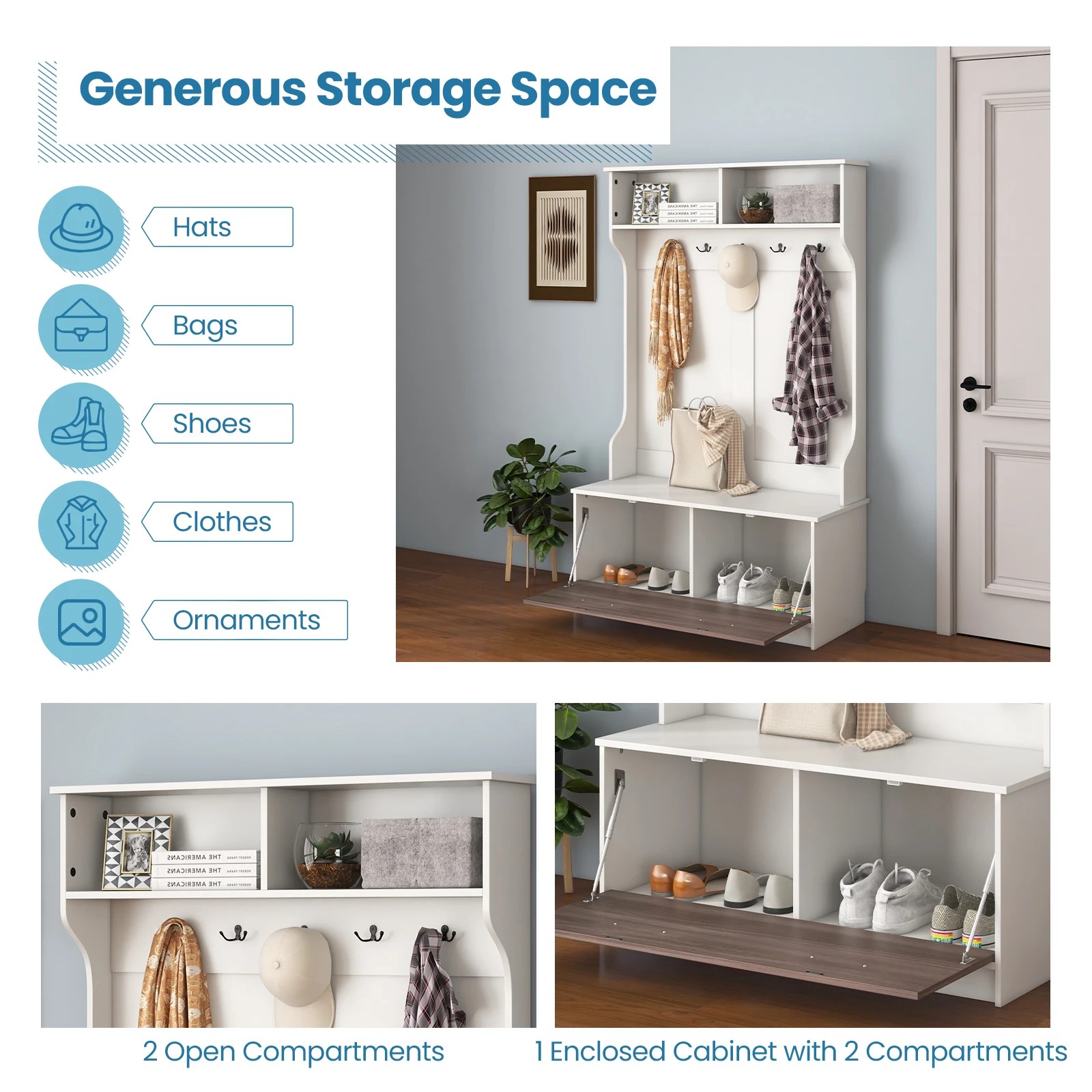 5 Costway 160cm Hall Tree Coat Clothes Rack Shoe Storage Bench w/Hooks, 5 of 9