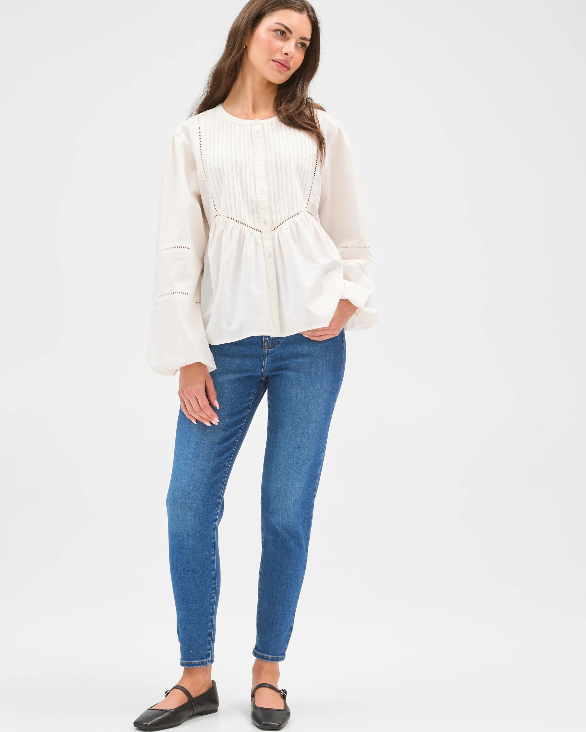 1 Target Petites Long Sleeve Trim Detail Pintuck Blouse PALE OAT, 1 of 6
