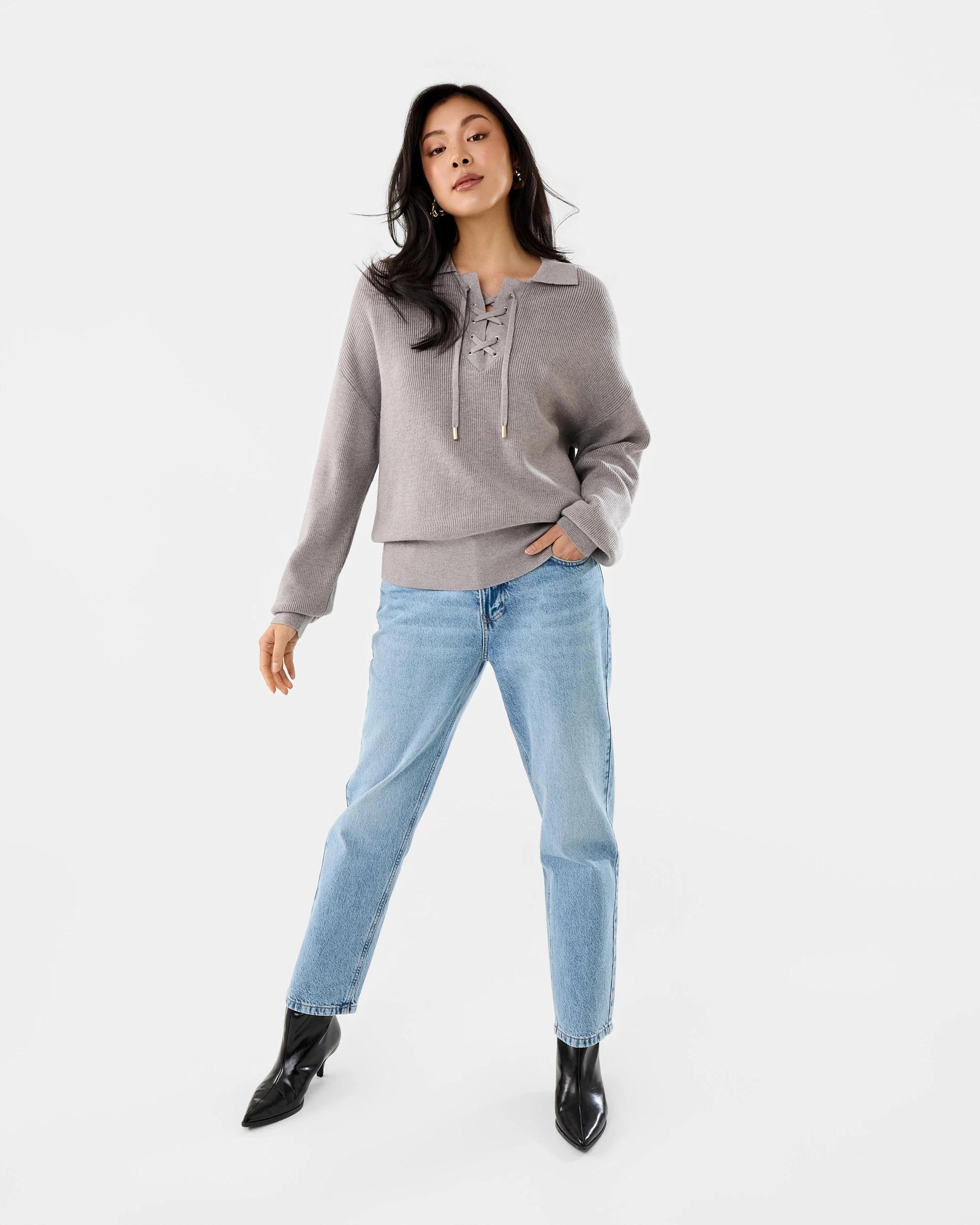 2 Lace Up Rib Jumper Grey Taupe, 2 of 7